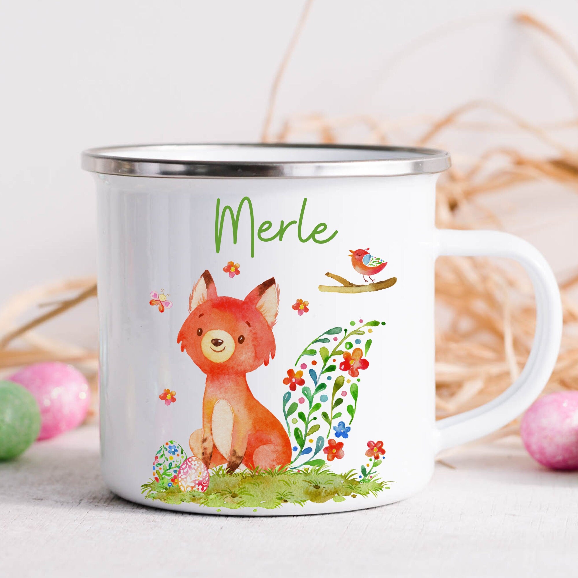 Emailletasse mit Namen personalisiert Ostern Osterhase Osterbecher Ostergeschirr Osterdeko Fuchs