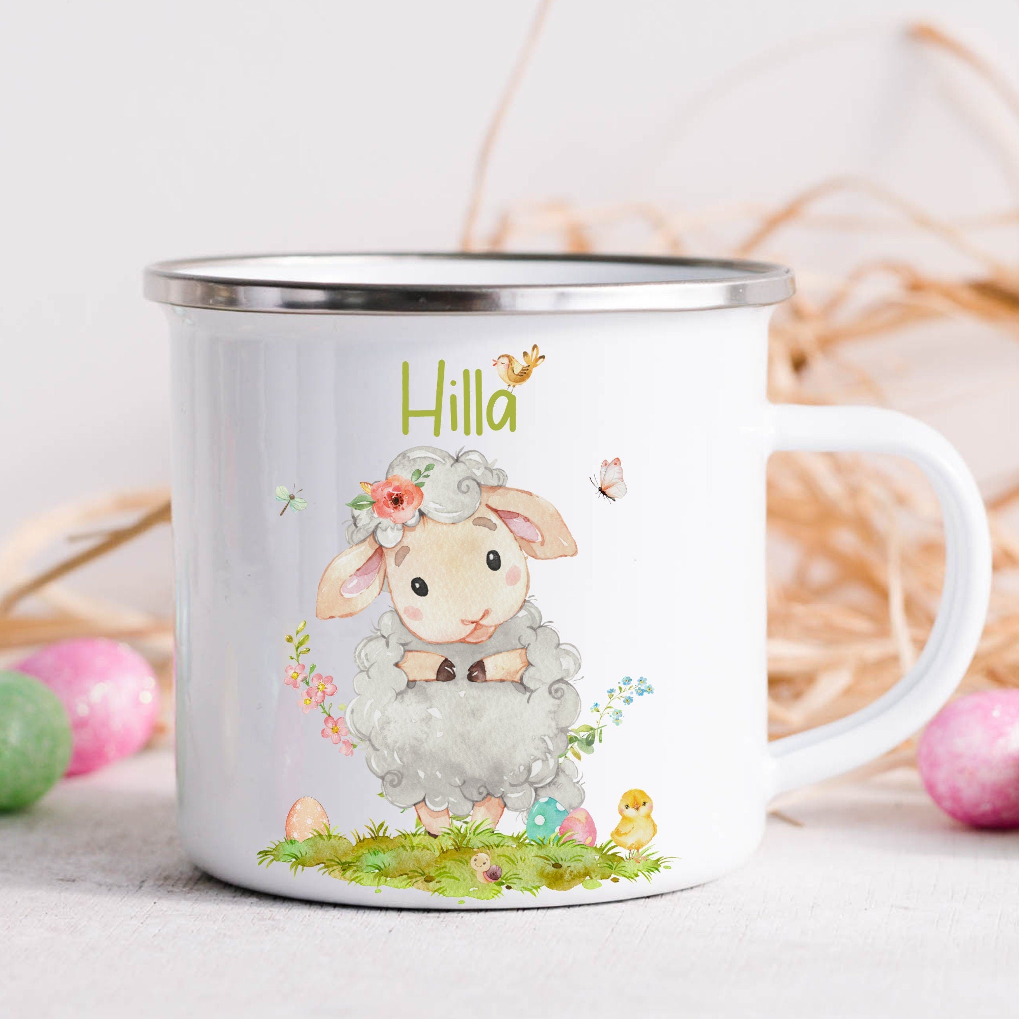 Emailletasse mit Namen personalisiert Ostern Osterhase Osterbecher Ostergeschirr Osterdeko Schaf Lamm Lämmchen – Mugs
