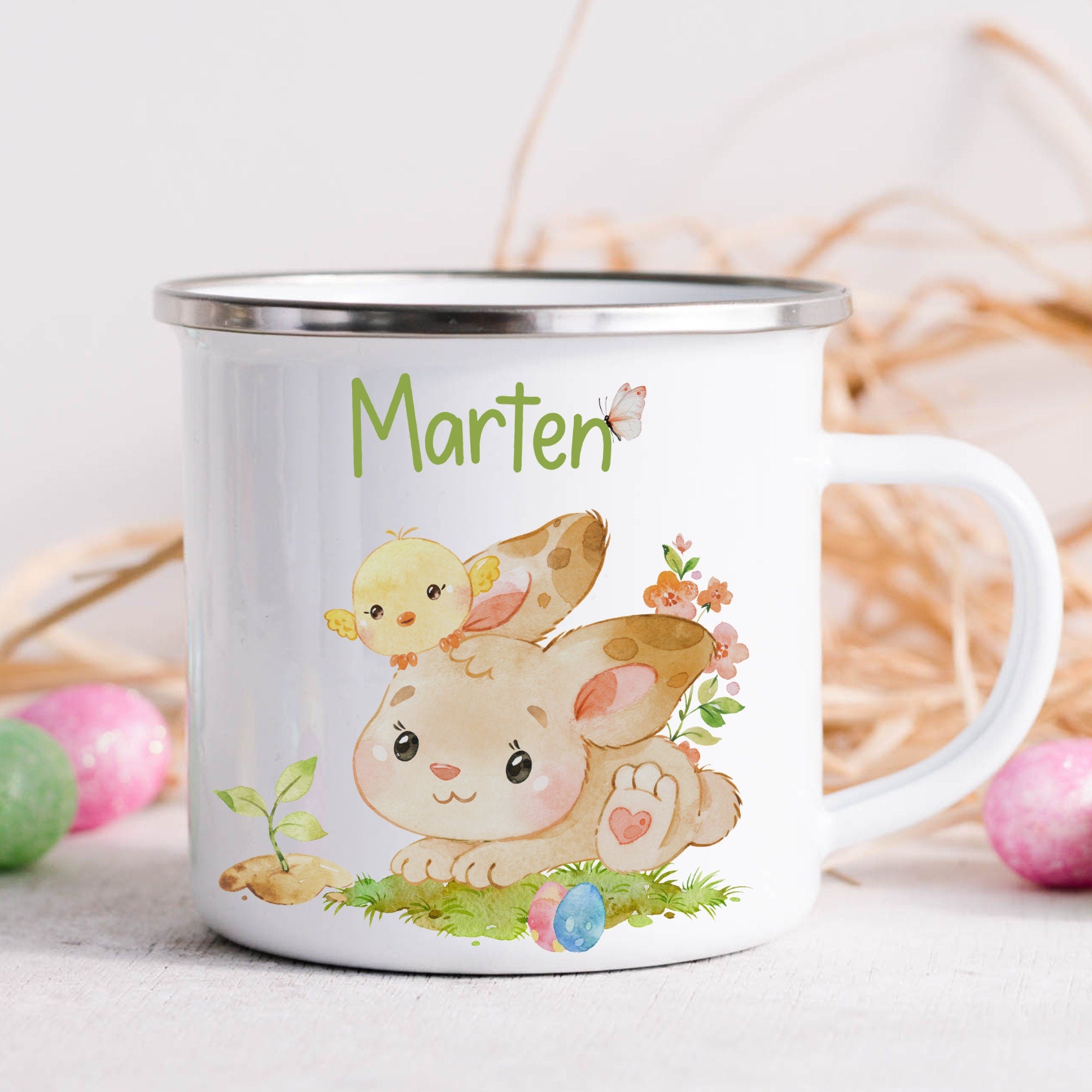 Emailletasse mit Namen personalisiert Ostern Osterhase Osterbecher Ostergeschirr Osterdeko Hase Frühling