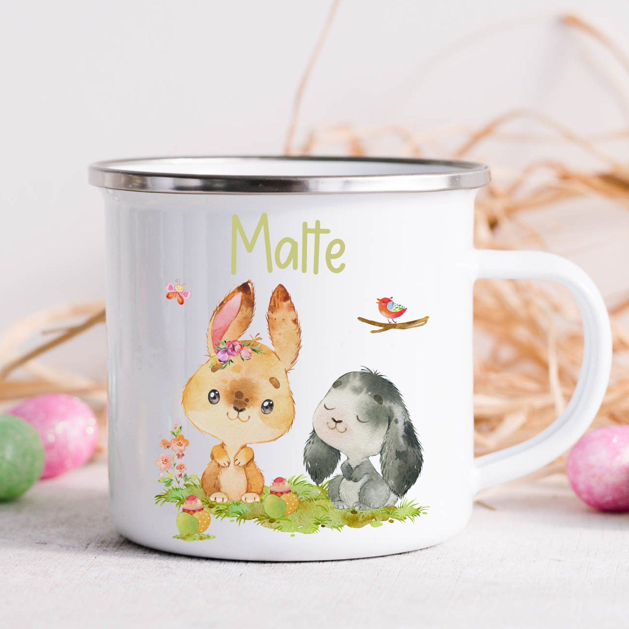 Emailletasse mit Namen personalisiert Ostern Osterhase Osterbecher Ostergeschirr Osterdeko Hase Frühling