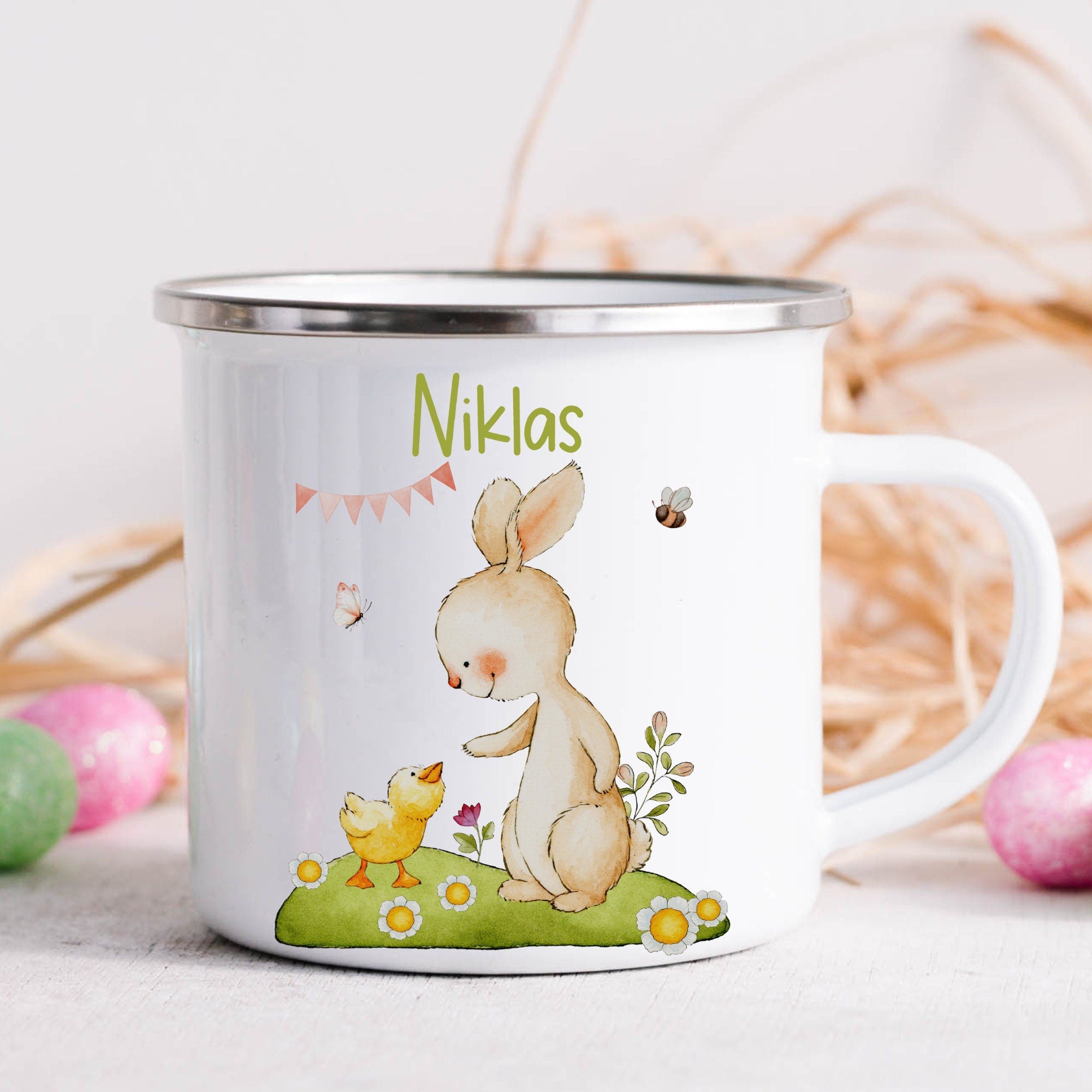 Emailletasse mit Namen personalisiert Ostern Osterhase Osterbecher Ostergeschirr Osterdeko Hase Frühling Küken