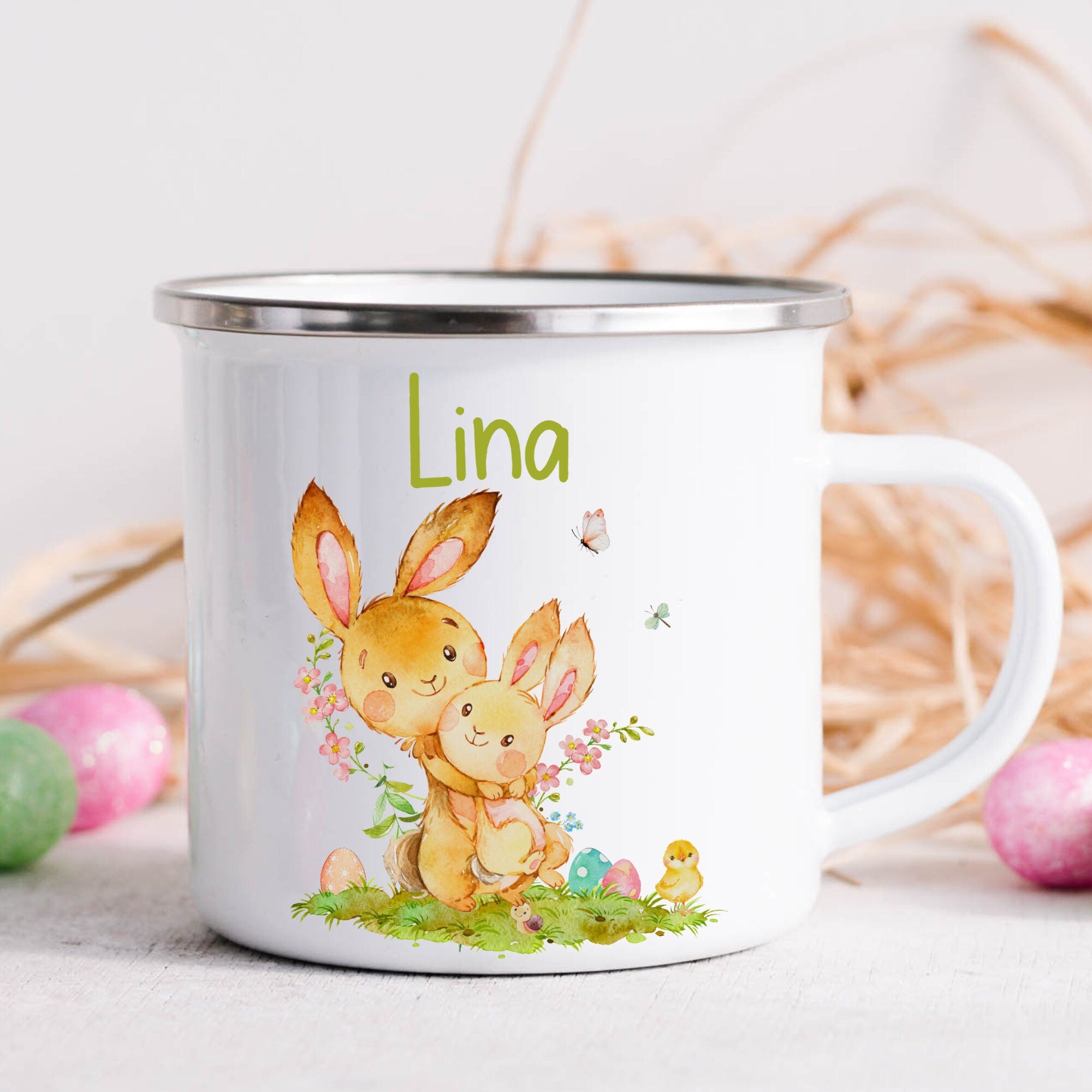 Emailletasse mit Namen personalisiert Ostern Osterhase Osterbecher Ostergeschirr Osterdeko Hase Frühling Küken