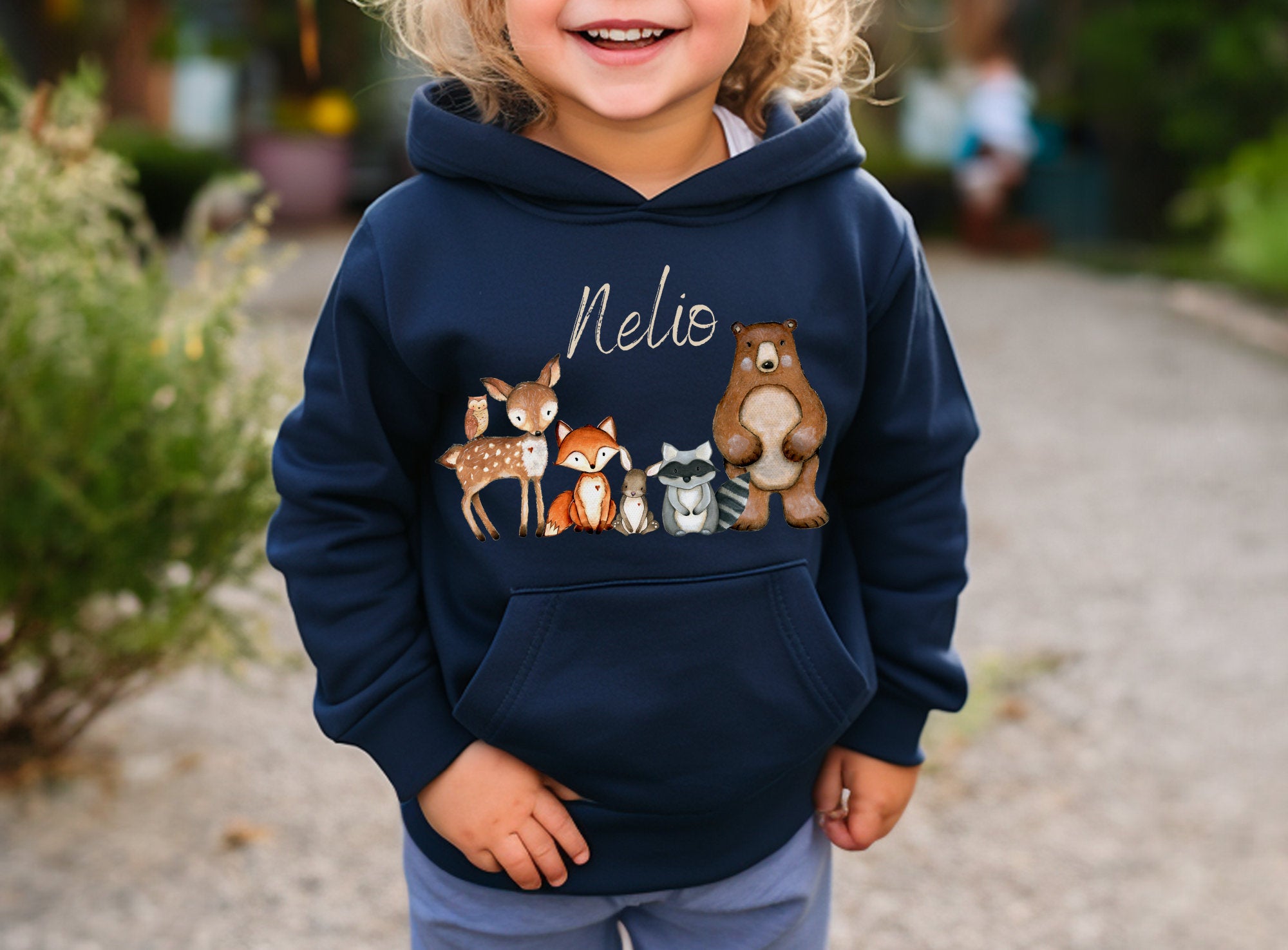 Hoodie personalisiert pullover Pulli Kapuzenpulli Waldtiere Fuchs Reh Waschbär Eule