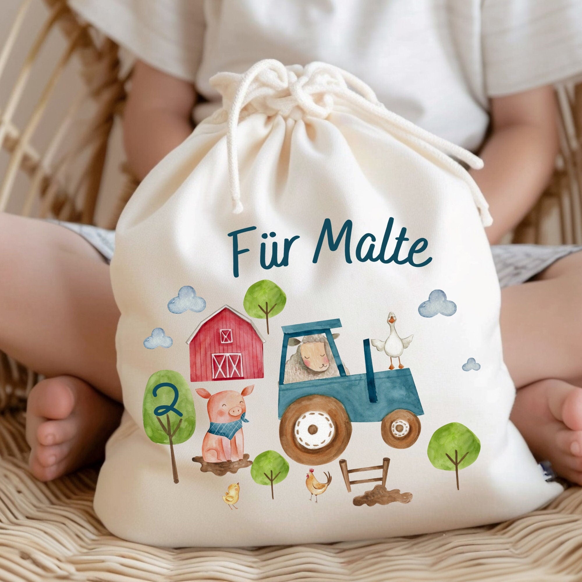 Geschenkbeutel Geschenkesäckchen personalisiert mit Name zum Geburtstag Traktor Trecker Bauernhof Bauernhoftiere – Gift Wrapping