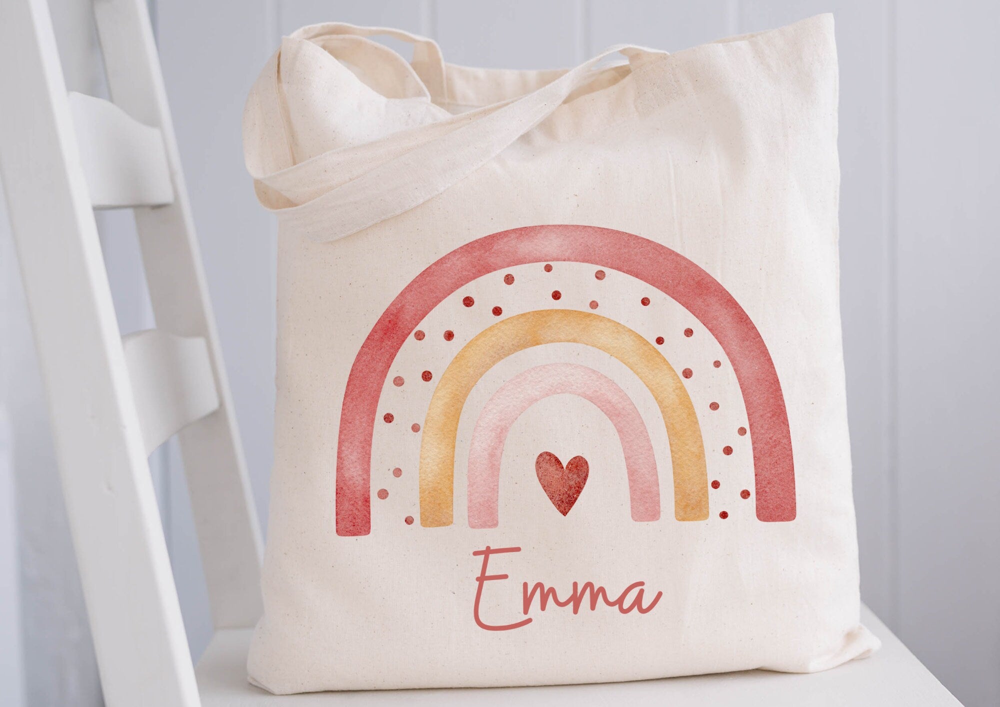 Turnbeutel Jutebeutel Jutetasche mit Namen Beutel für Wechselwäsche personalisiert Boho Regenbogen Herz