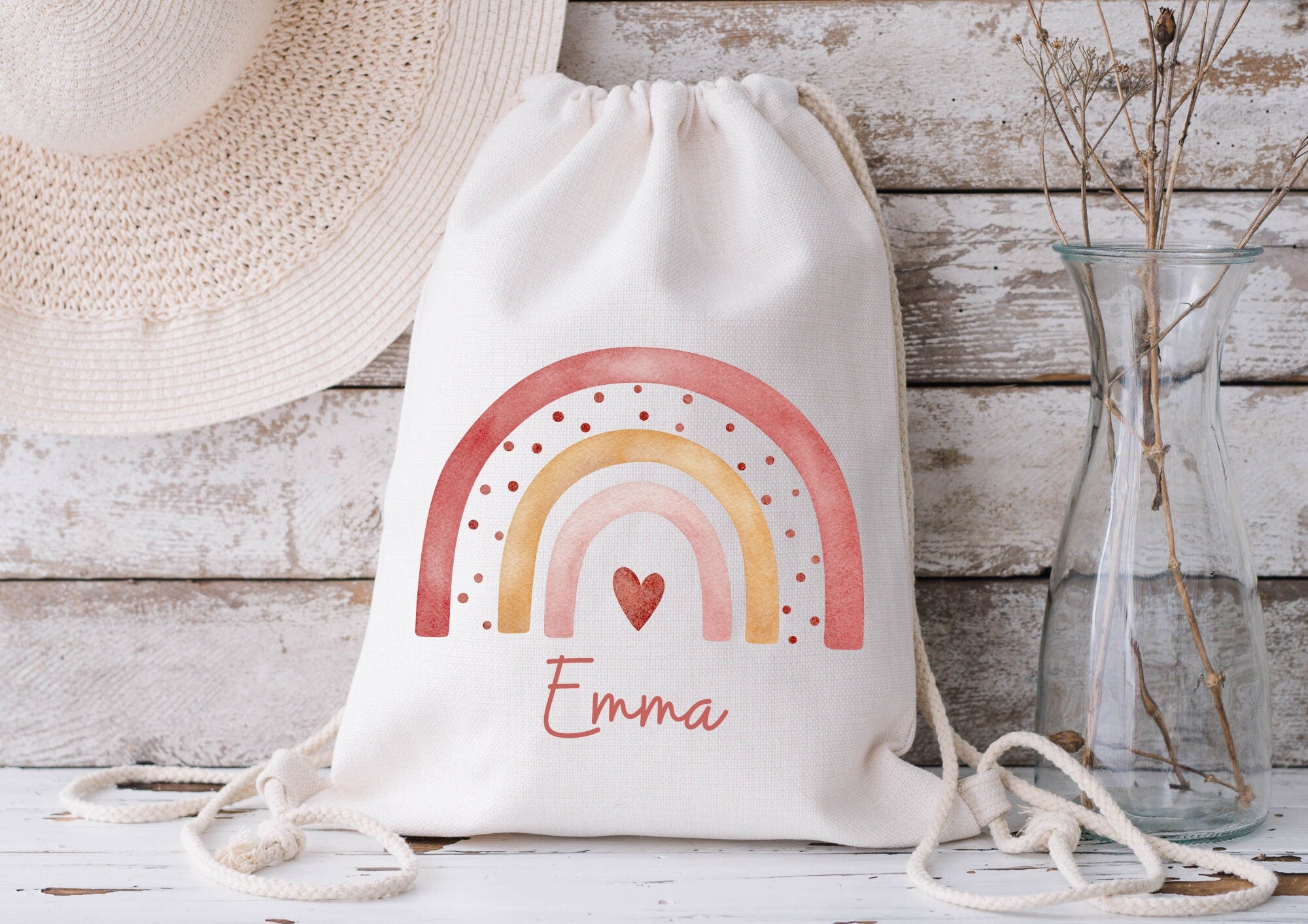 Turnbeutel Jutebeutel Jutetasche mit Namen Beutel für Wechselwäsche personalisiert Boho Regenbogen Herz