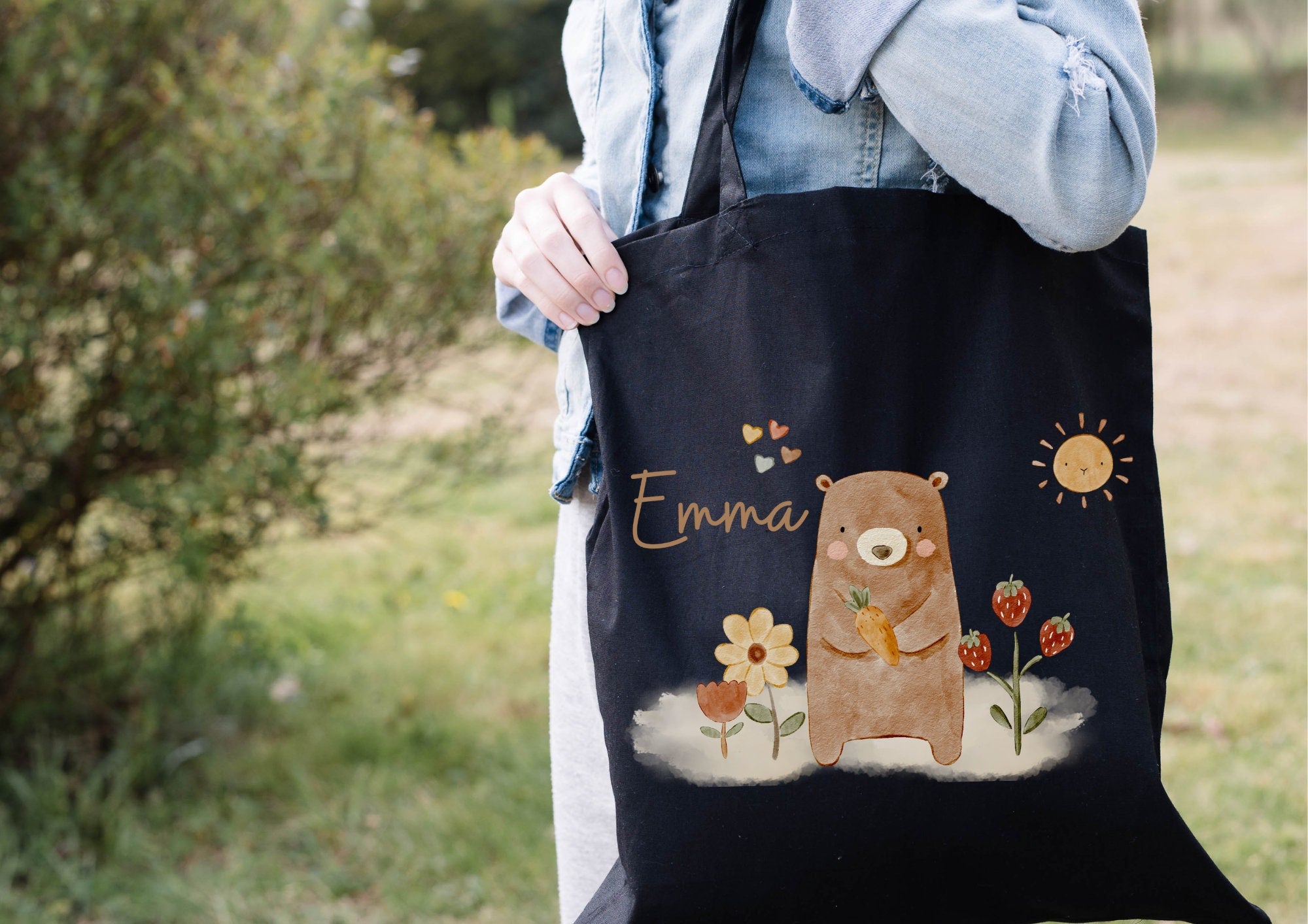 Turnbeutel Jutebeutel Jutetasche mit Namen Beutel für Wechselwäsche personalisiert Boho Bär Sonne Waldtiere