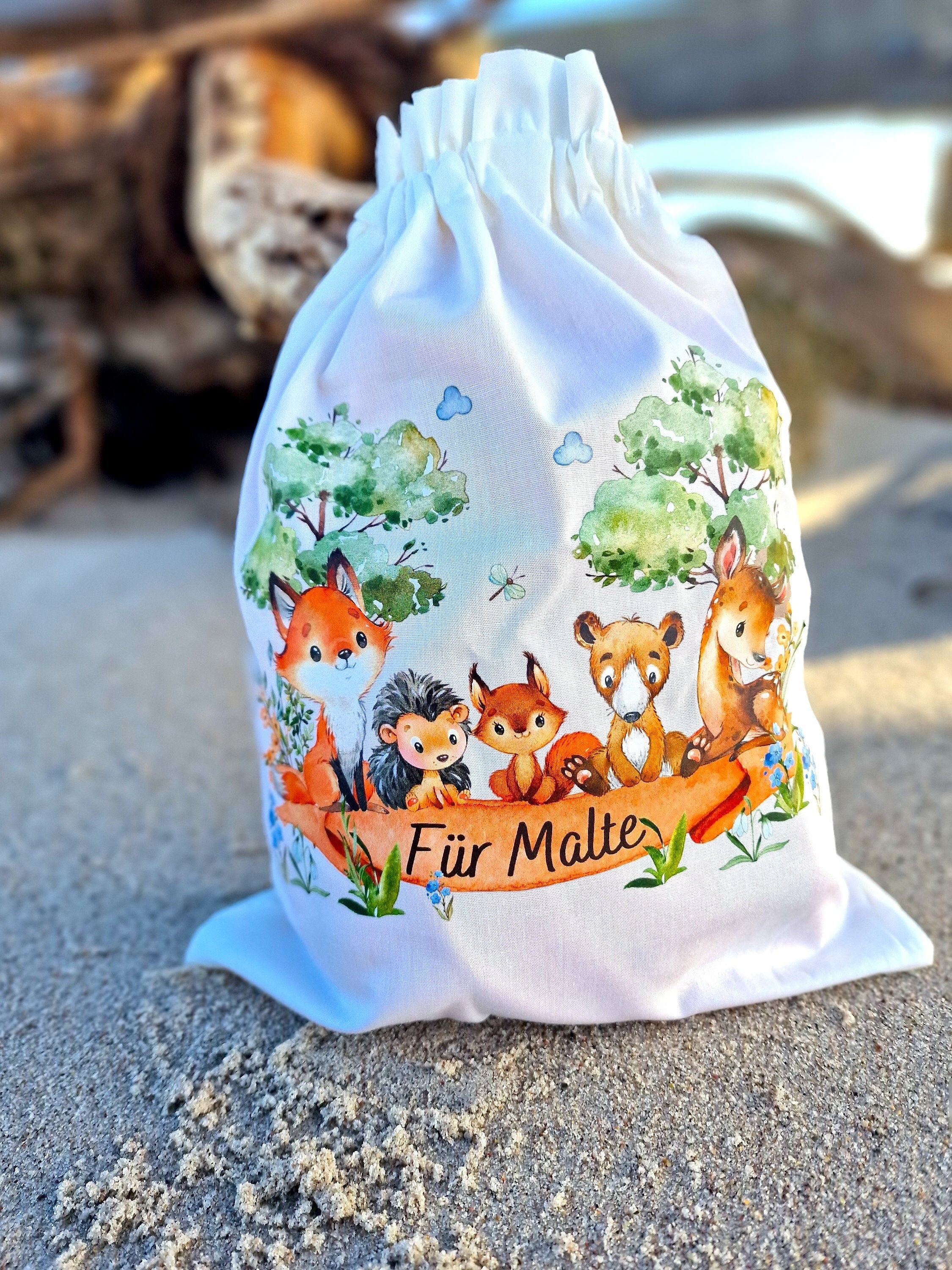 Geschenkbeutel Geschenkesäckchen personalisiert mit Name zum Geburtstag Waldtiere Fuchs Reh Hase Waschbär