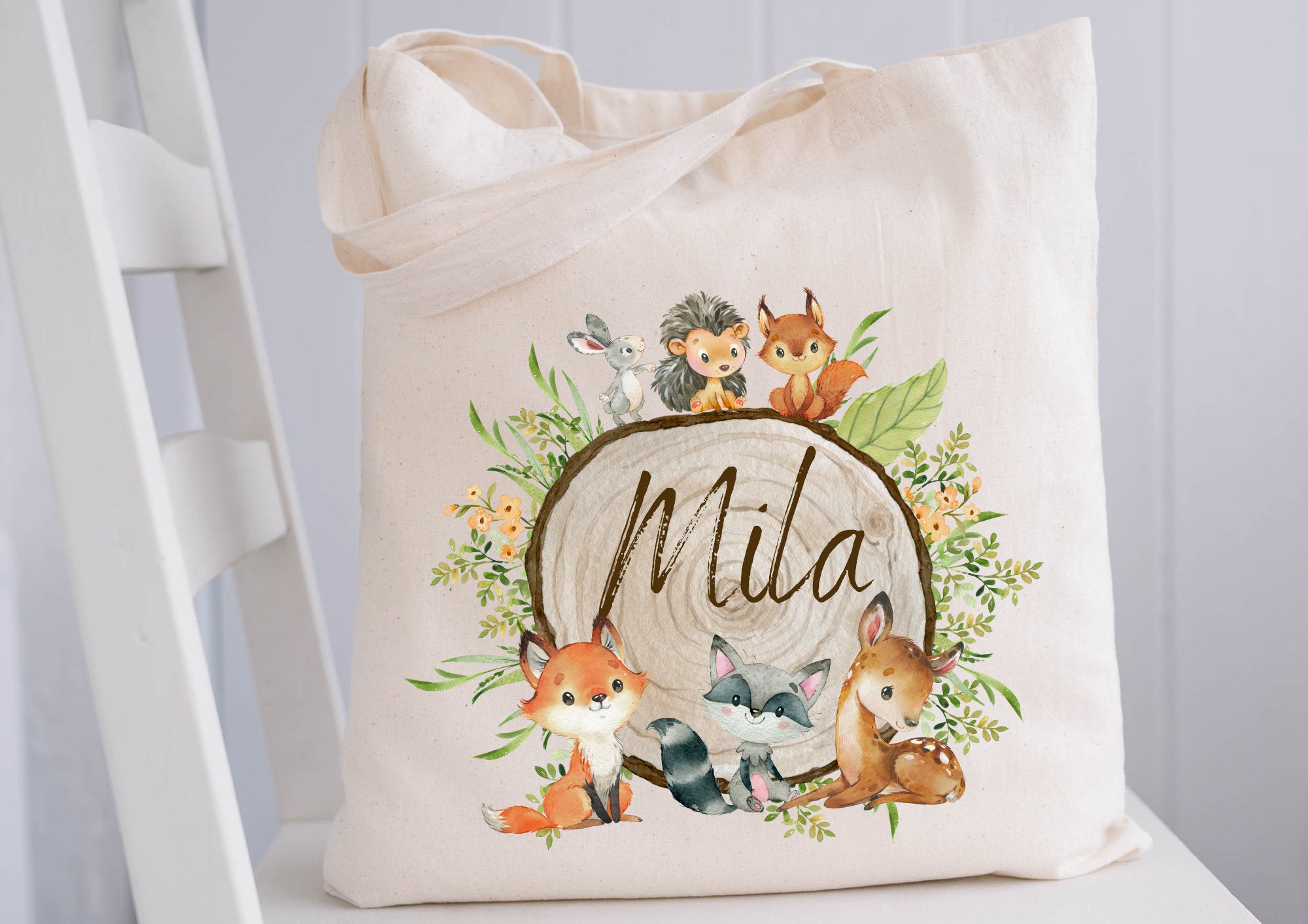 Turnbeutel Jutebeutel Jutetasche mit Namen Beutel für Wechselwäsche personalisiert Boho Waldtiere Fuchs Reh Hase Eule