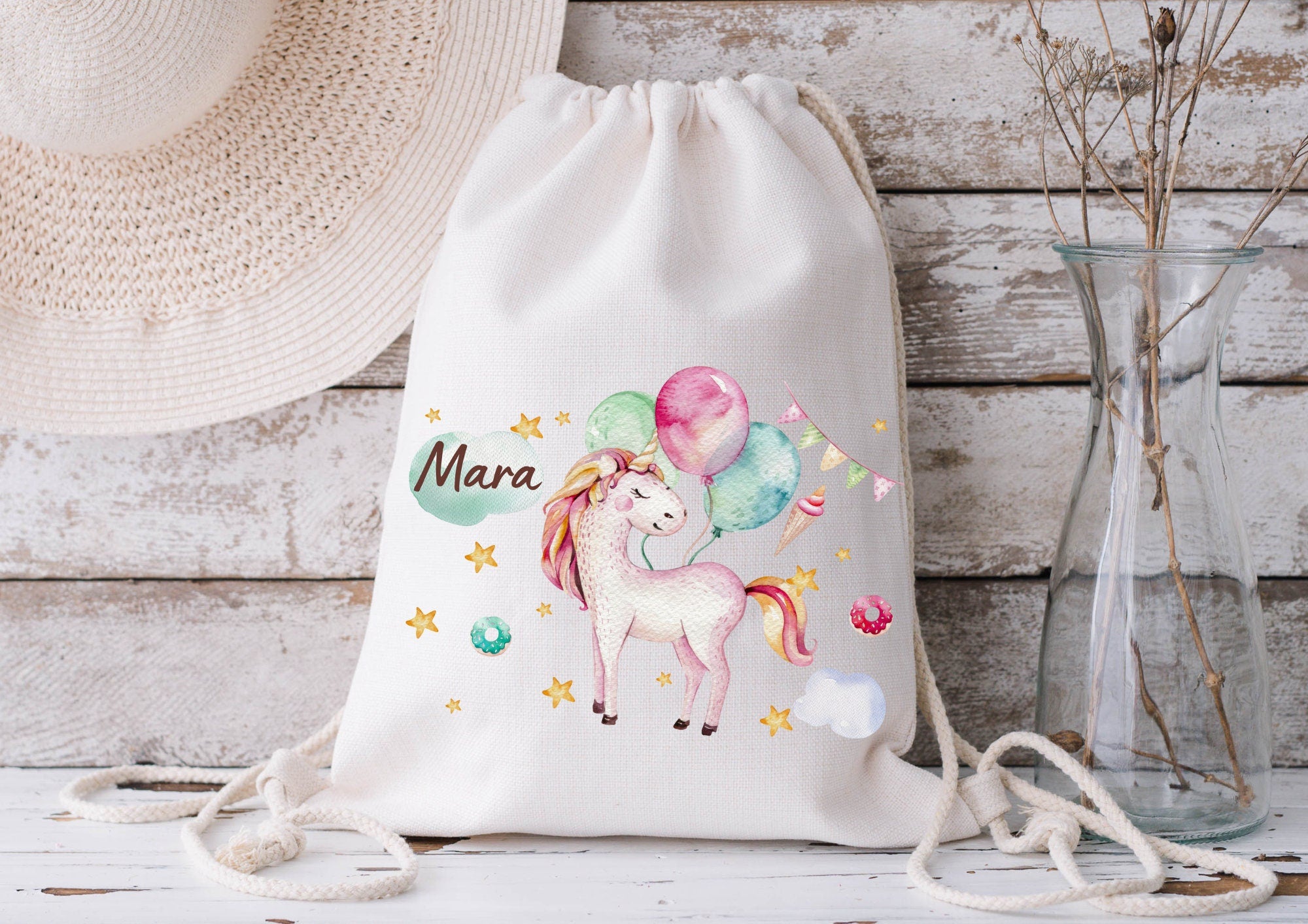 Turnbeutel Jutebeutel Jutetasche mit Namen Beutel für Wechselwäsche personalisiert Einhorn Regenbogen