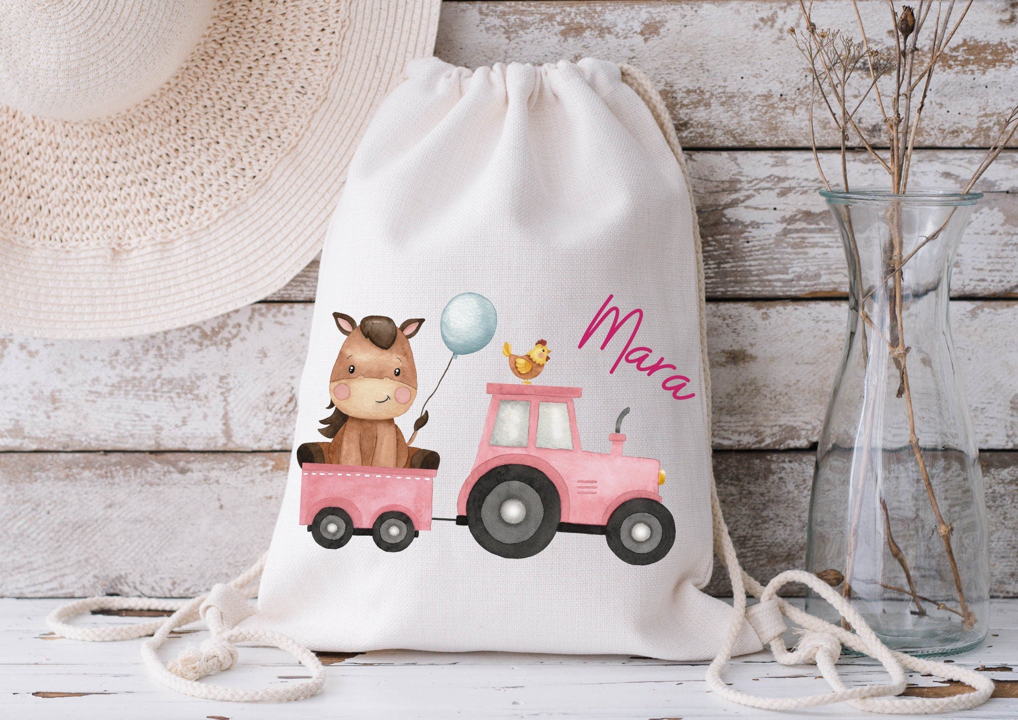 Turnbeutel Jutebeutel Jutetasche mit Namen Beutel für Wechselwäsche personalisiert Traktor Trecker Bauernhof rosa – Team Sports & Gym Bags