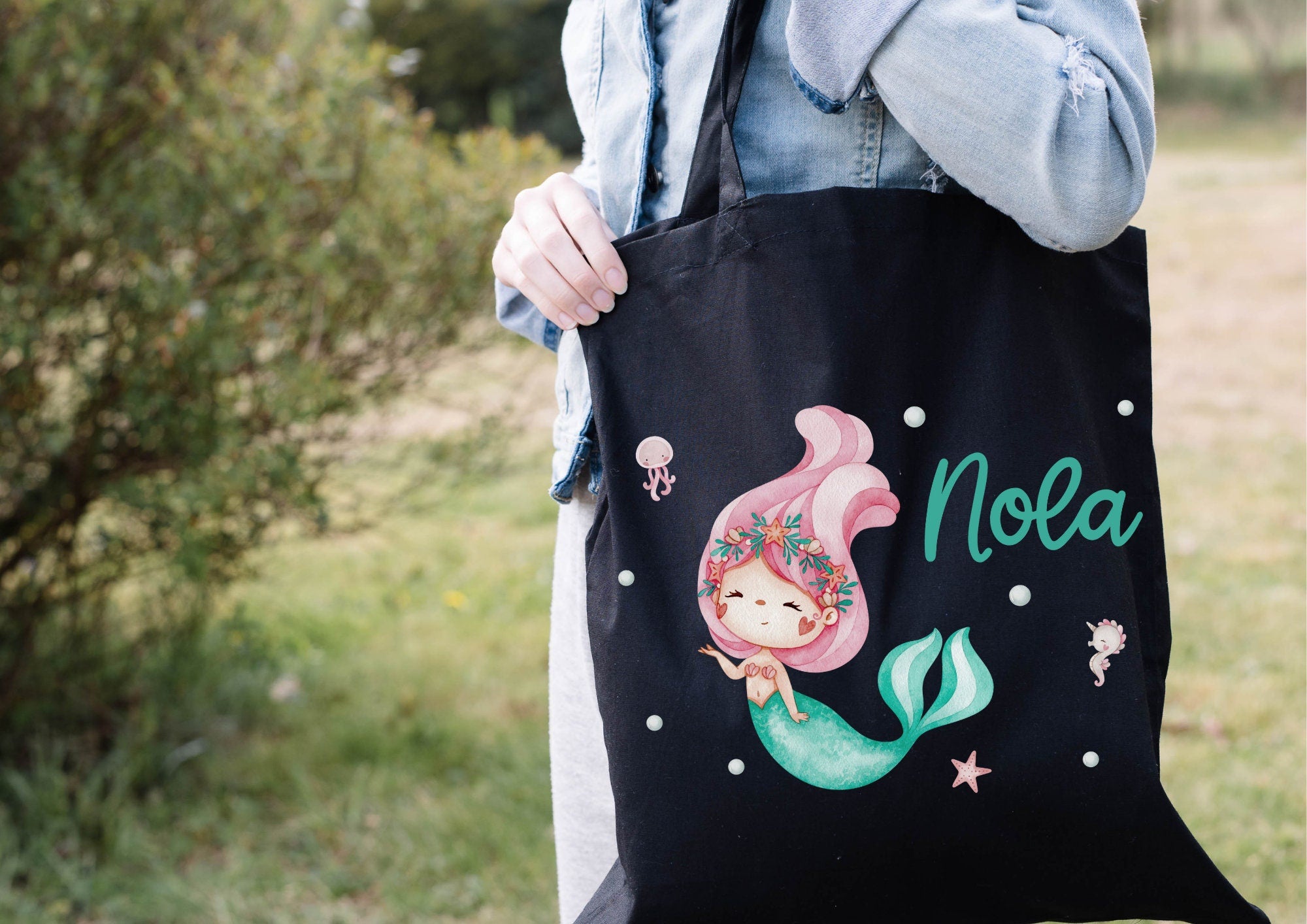 Turnbeutel Jutebeutel Jutetasche mit Namen Beutel für Wechselwäsche personalisiert Boho Meerjungfrau Nixe Unterwasser