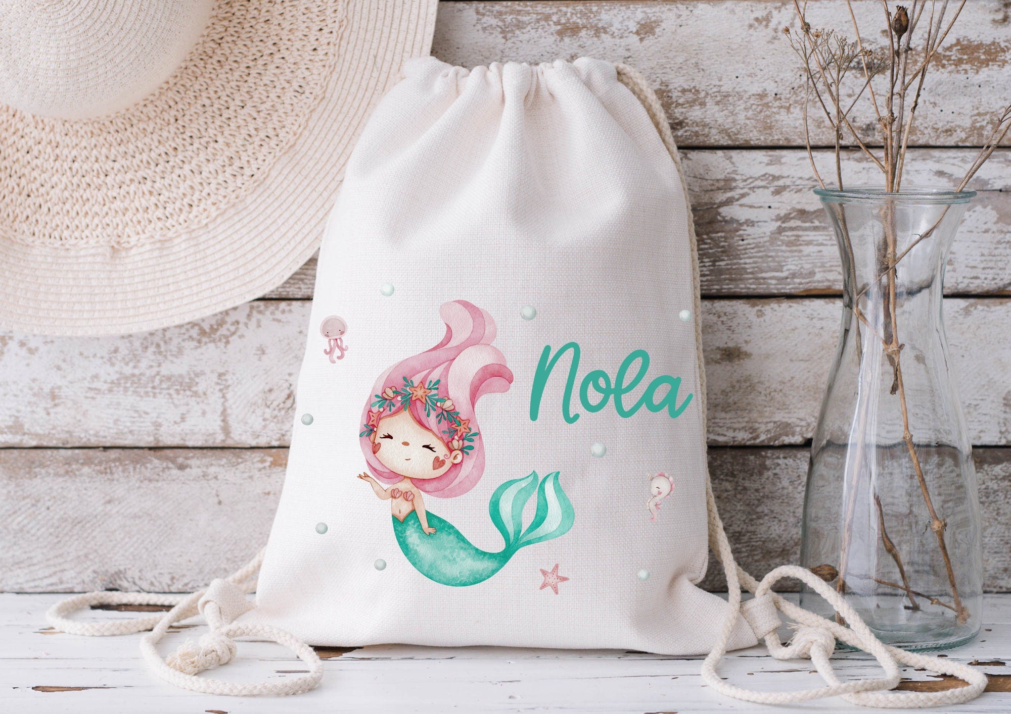 Turnbeutel Jutebeutel Jutetasche mit Namen Beutel für Wechselwäsche personalisiert Boho Meerjungfrau Nixe Unterwasser