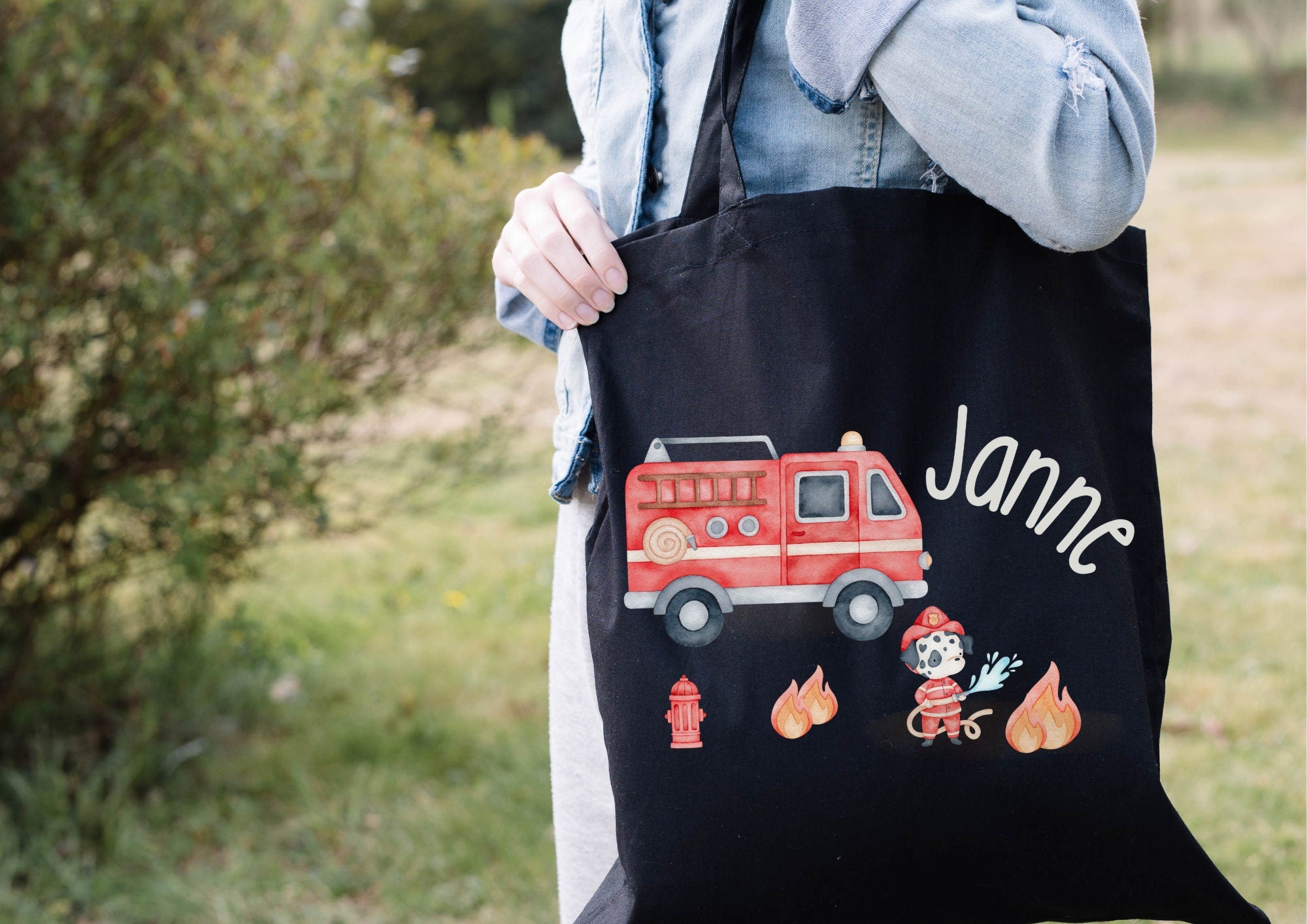 Turnbeutel Jutebeutel Jutetasche mit Namen Beutel für Wechselwäsche personalisiert Feuerwehr Feuerwehrmann Feuerwehrauto