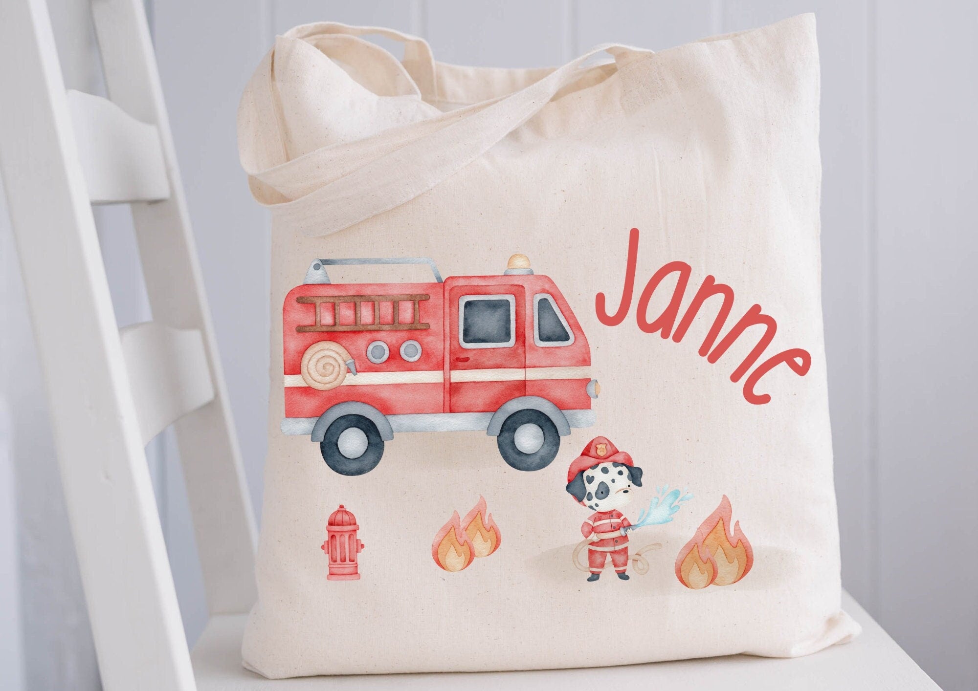 Turnbeutel Jutebeutel Jutetasche mit Namen Beutel für Wechselwäsche personalisiert Feuerwehr Feuerwehrmann Feuerwehrauto