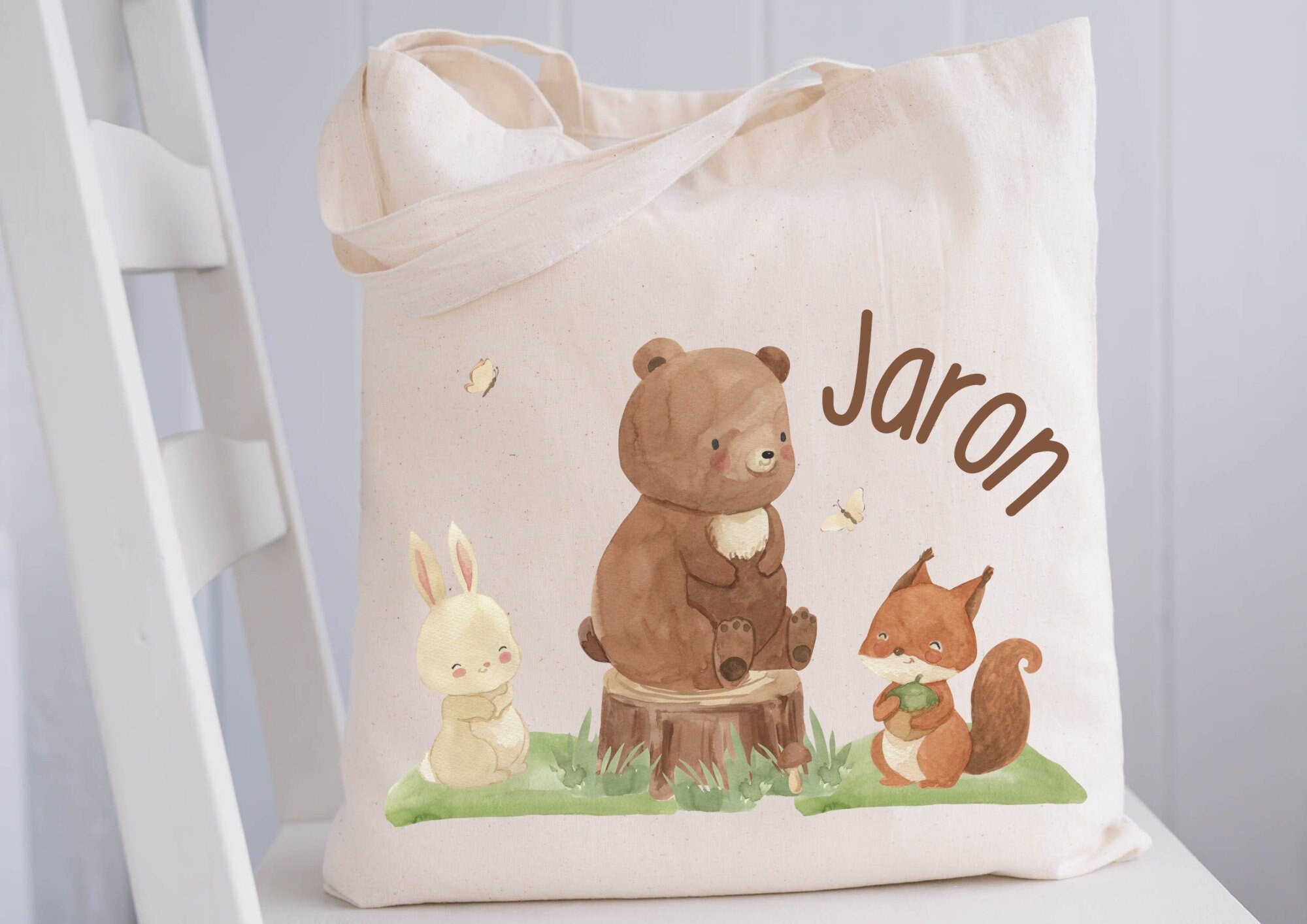 Turnbeutel Jutebeutel Jutetasche mit Namen Beutel für Wechselwäsche personalisiert Waldtiere Bär Eichhörnchen Hase