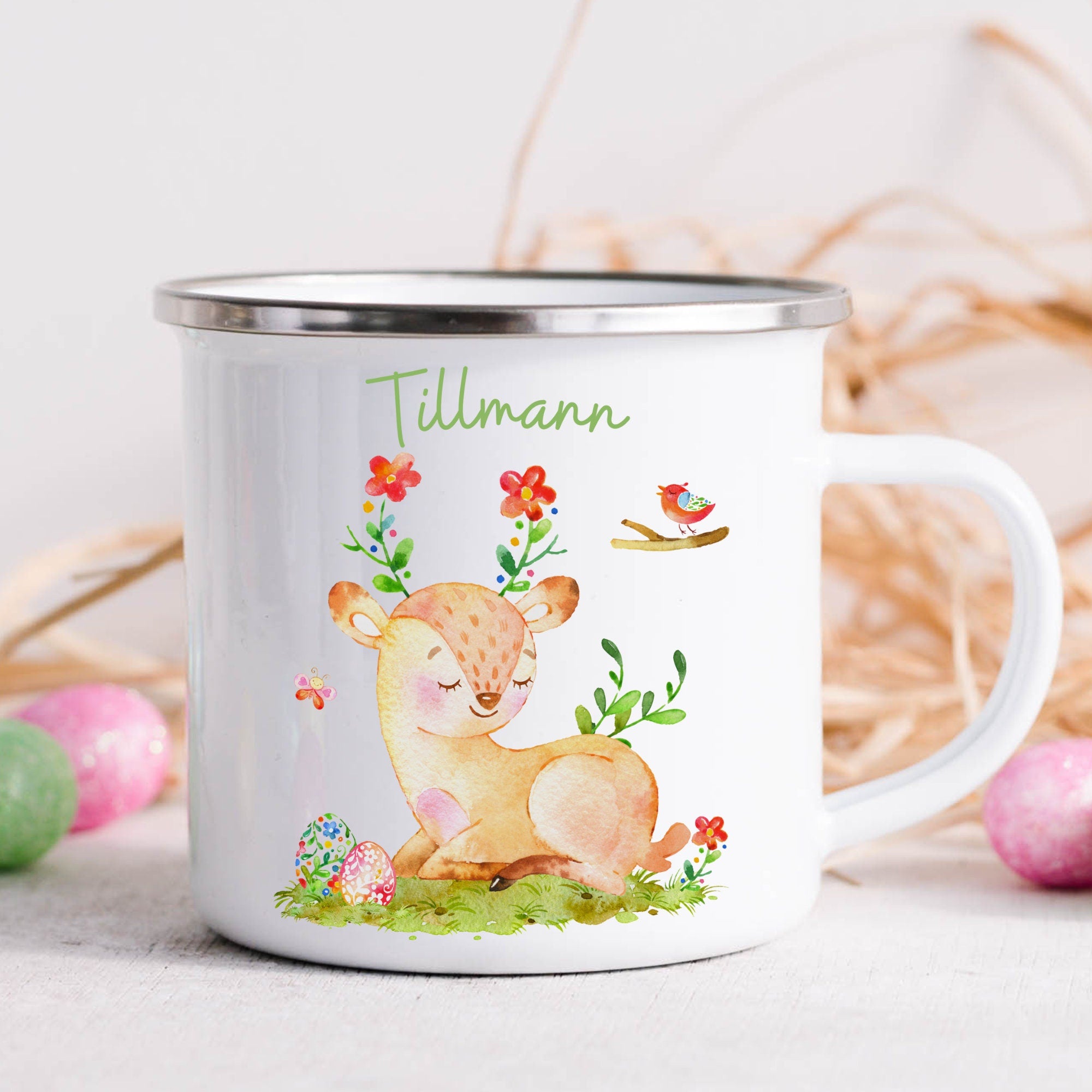 Emailletasse mit Namen personalisiert Ostern Osterhase Osterbecher Ostergeschirr Osterdeko Reh