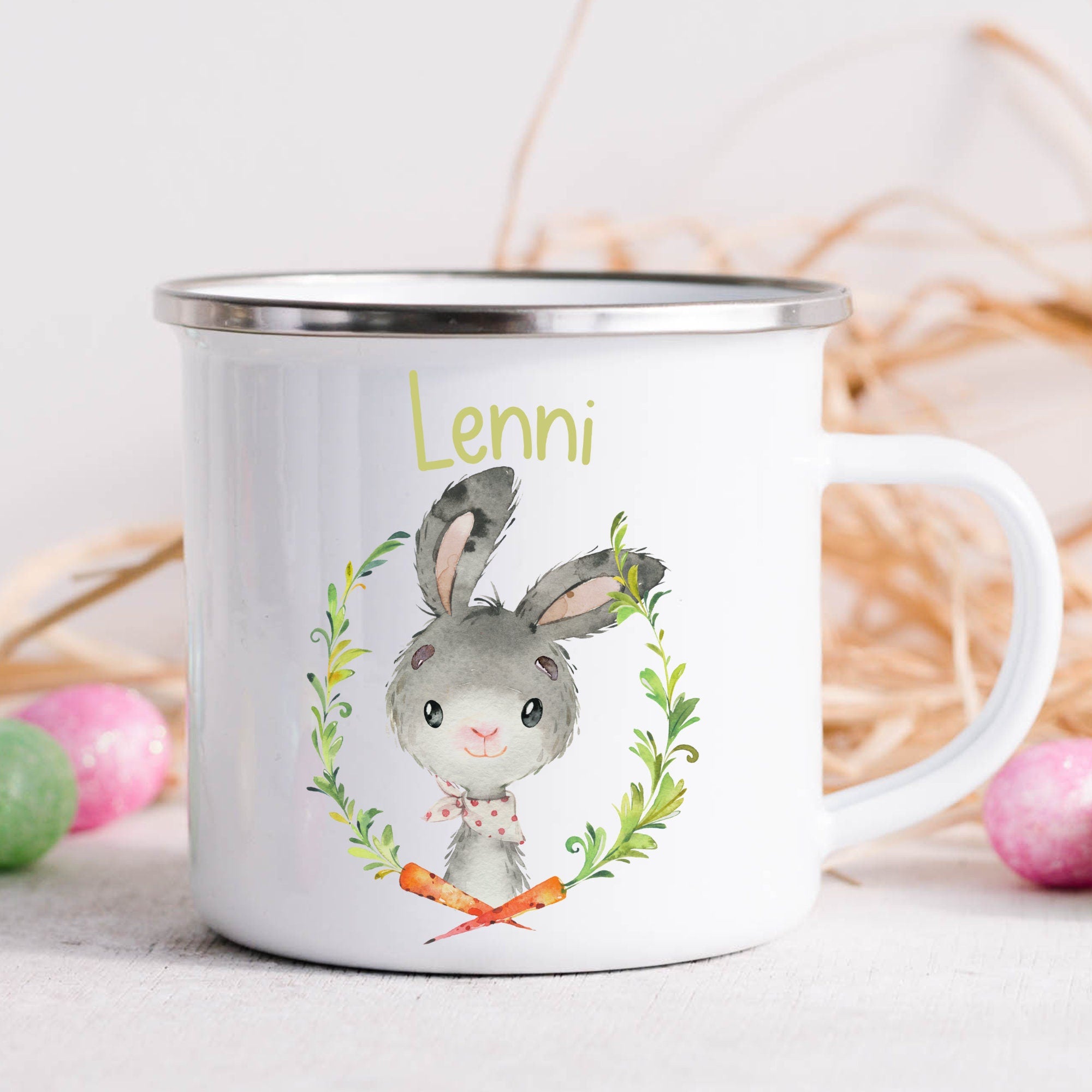 Emailletasse mit Namen personalisiert Ostern Osterhase Osterbecher Ostergeschirr Osterdeko