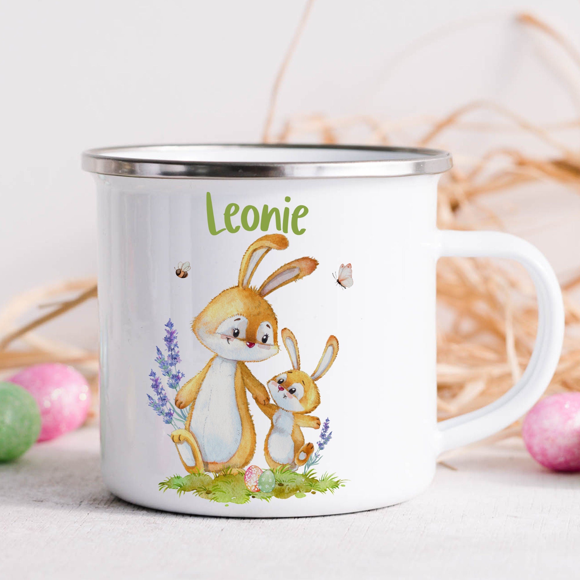 Emailletasse mit Namen personalisiert Ostern Osterhase Osterbecher Ostergeschirr Osterdeko Hase Frühling