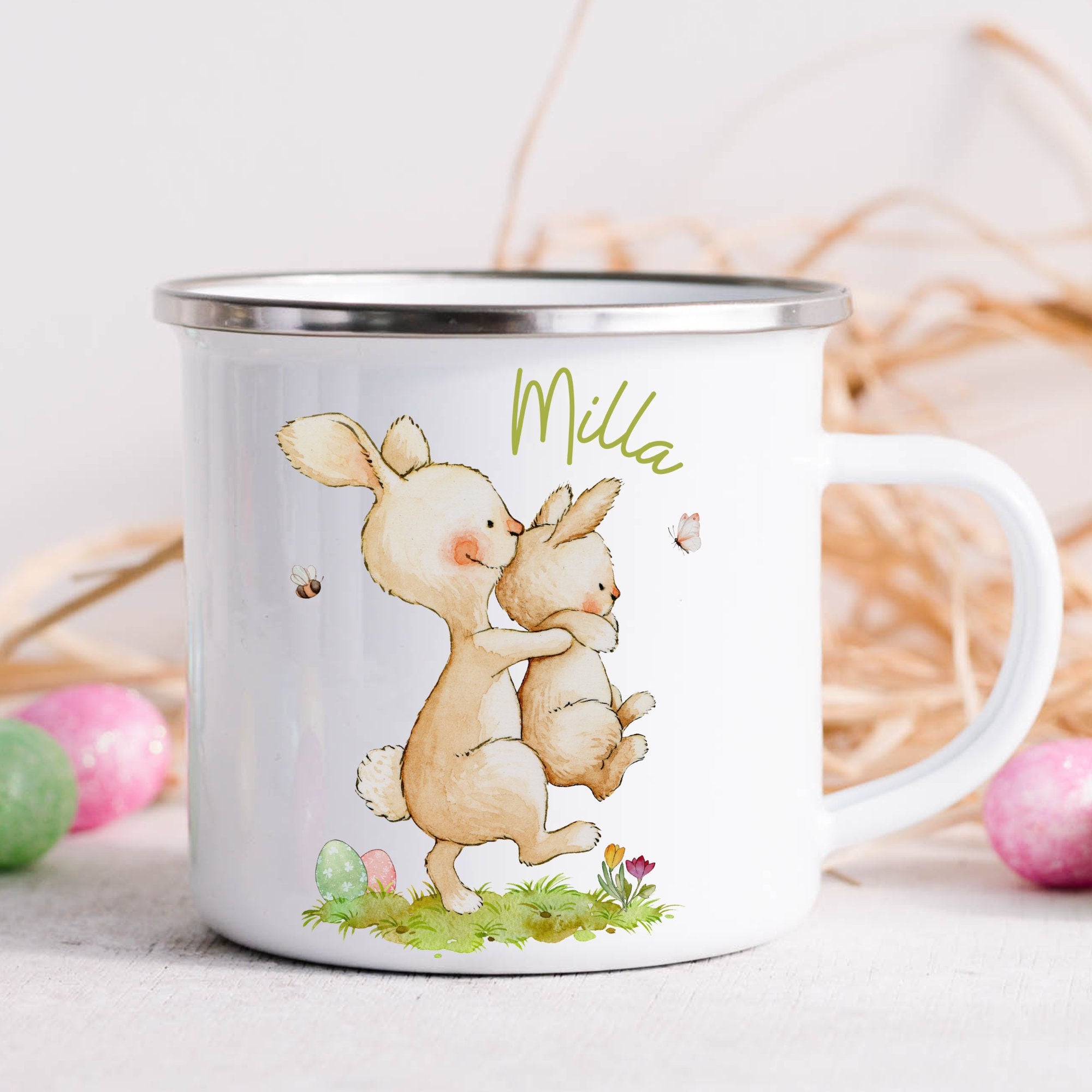 Emailletasse mit Namen personalisiert Ostern Osterhase Osterbecher Ostergeschirr Osterdeko Hase Frühling Küken