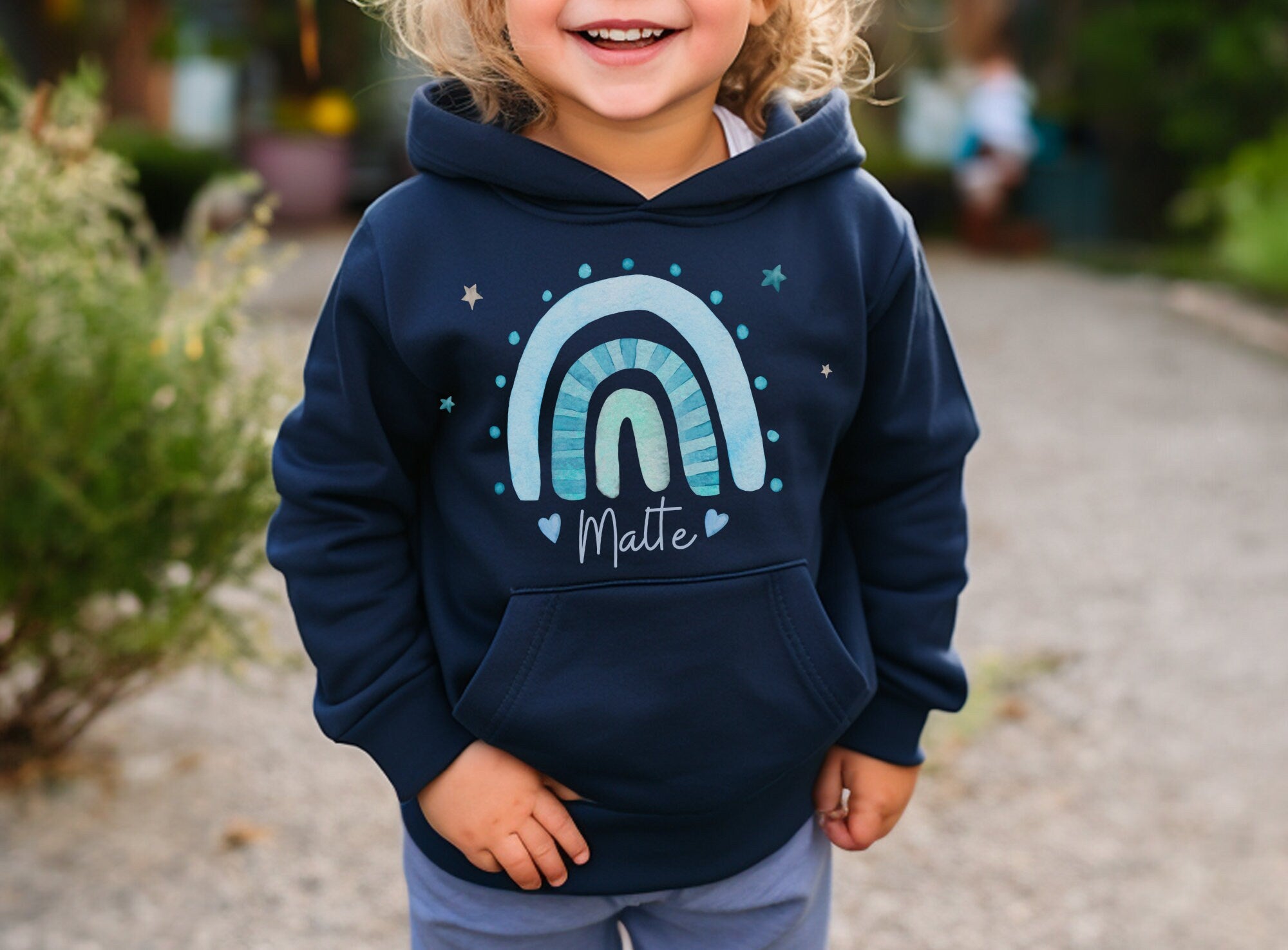 Hoodie personalisiert mit Name pullover Pulli Kapuzenpulli Regenbogen blau – Sweatshirts