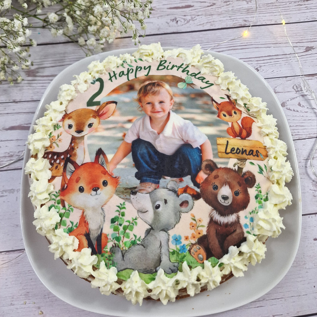 Tortenaufleger mit Foto Fondant Geburtstag Fuchs Reh Bär Waldtiere