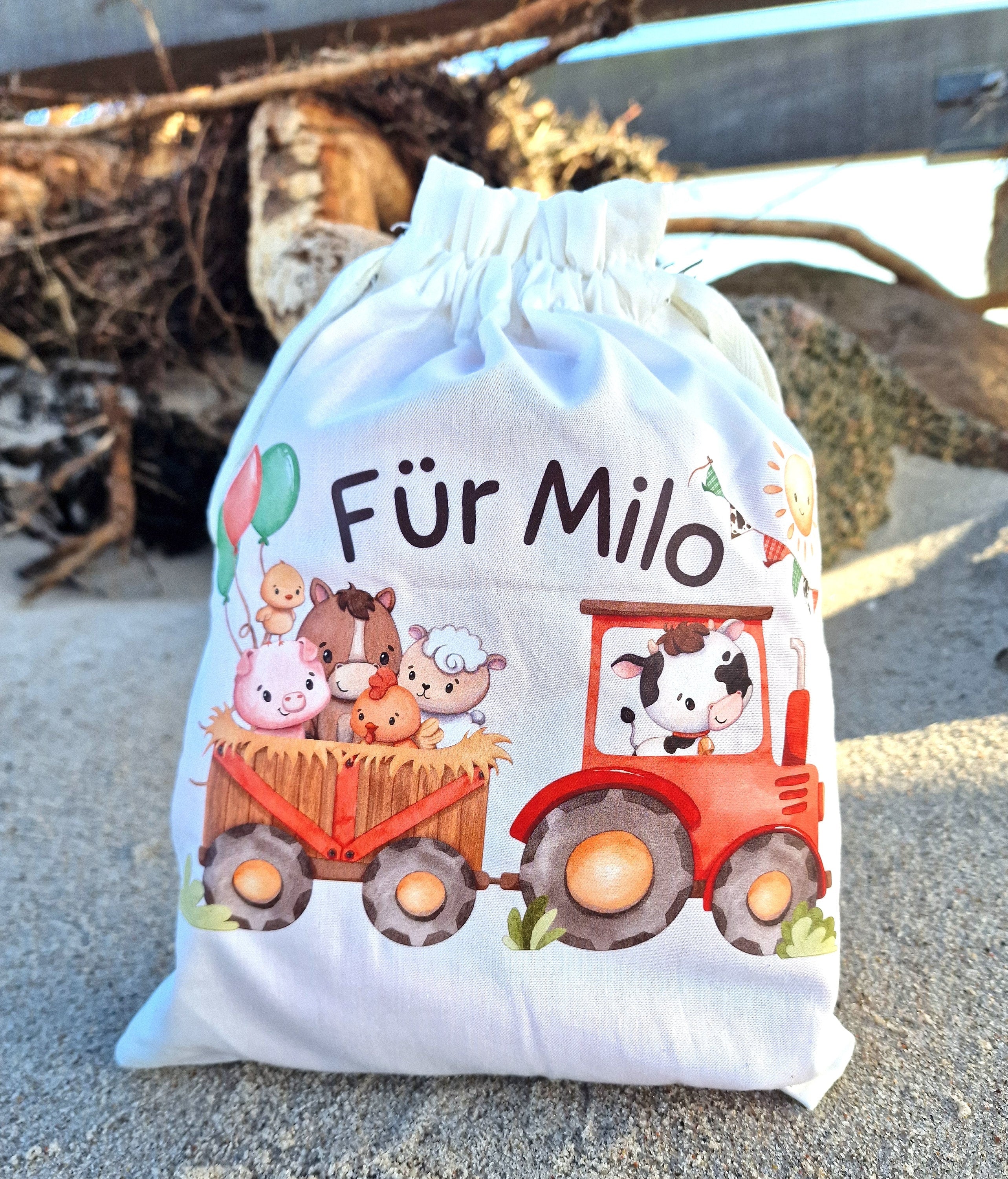 Geschenkbeutel Geschenkesäckchen personalisiert mit Name zum Geburtstag Traktor Trecker Bauernhof Bauernhoftiere – Gift Wrapping