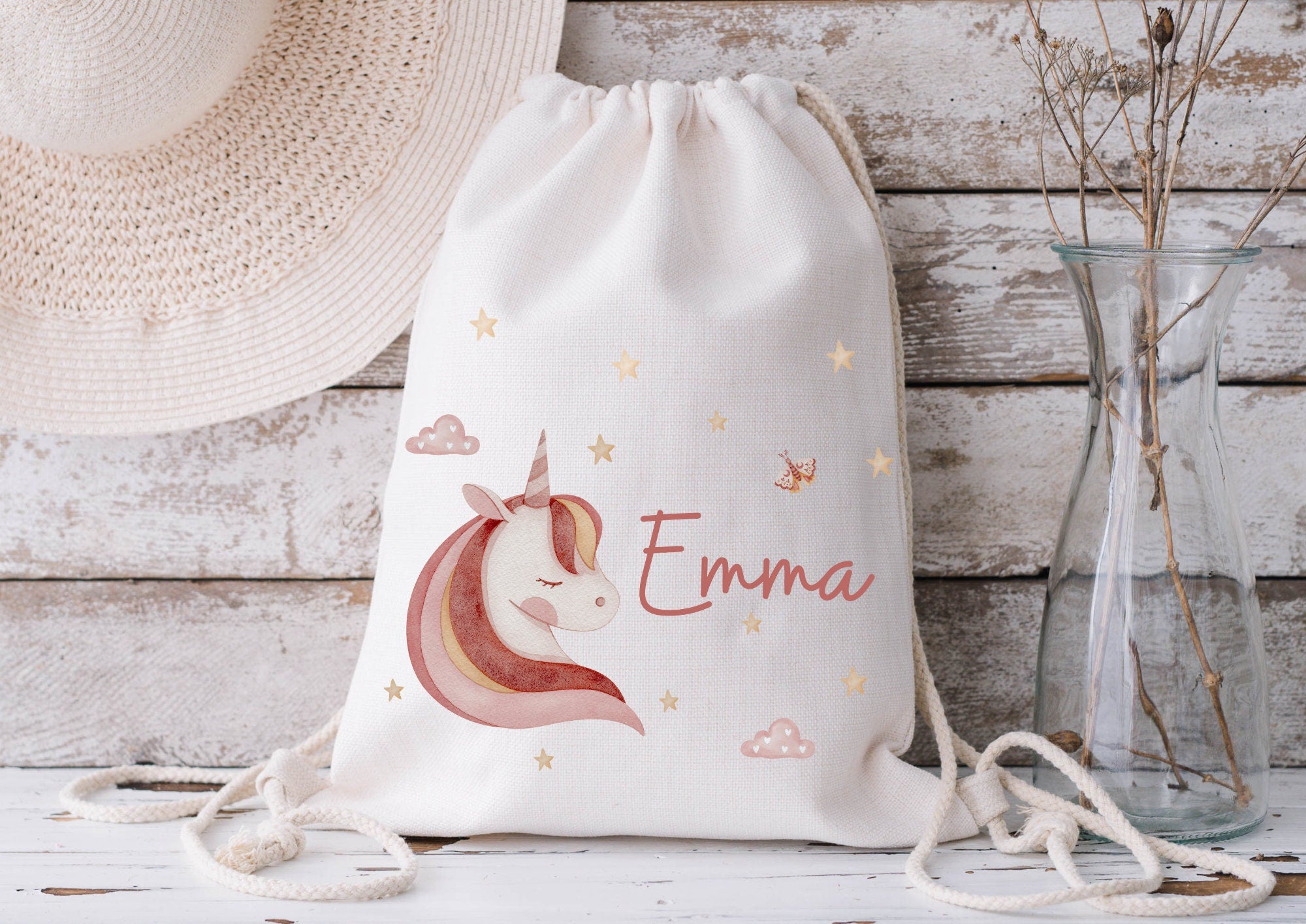 Turnbeutel Jutebeutel Jutetasche mit Namen Beutel für Wechselwäsche personalisiert Boho Einhorn Regenbogen