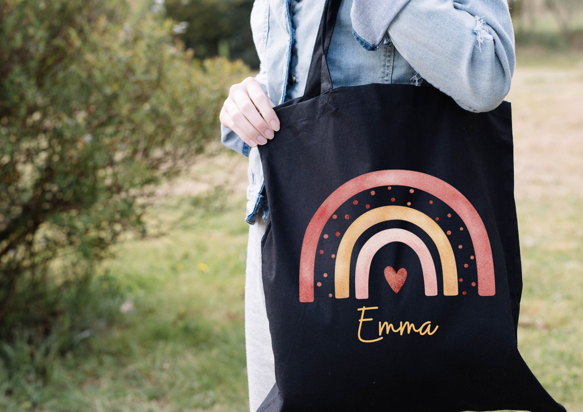 Turnbeutel Jutebeutel Jutetasche mit Namen Beutel für Wechselwäsche personalisiert Boho Regenbogen Herz