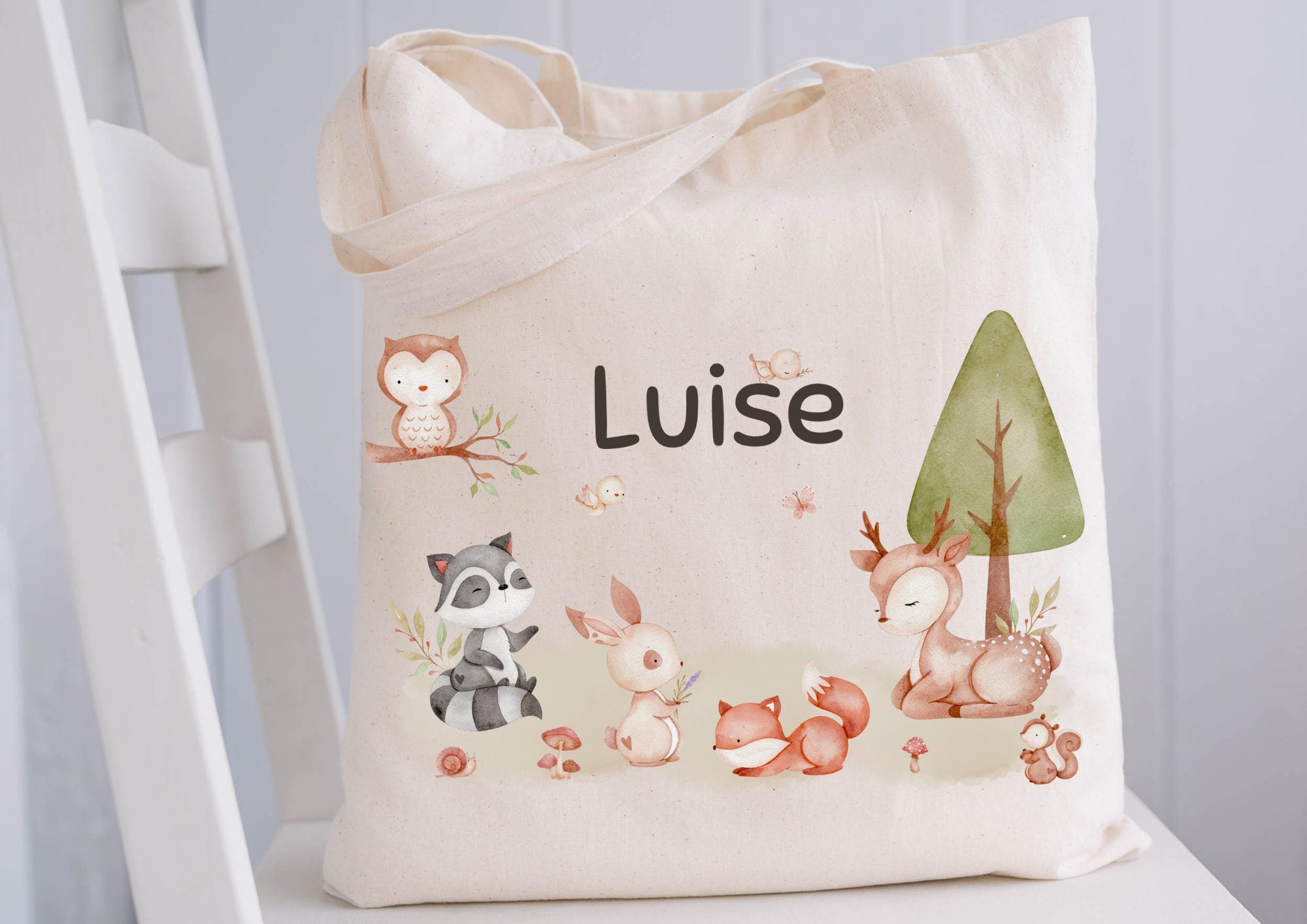 Turnbeutel Jutebeutel Jutetasche mit Namen Beutel für Wechselwäsche personalisiert Boho Waldtiere Fuchs Reh Hase Eule