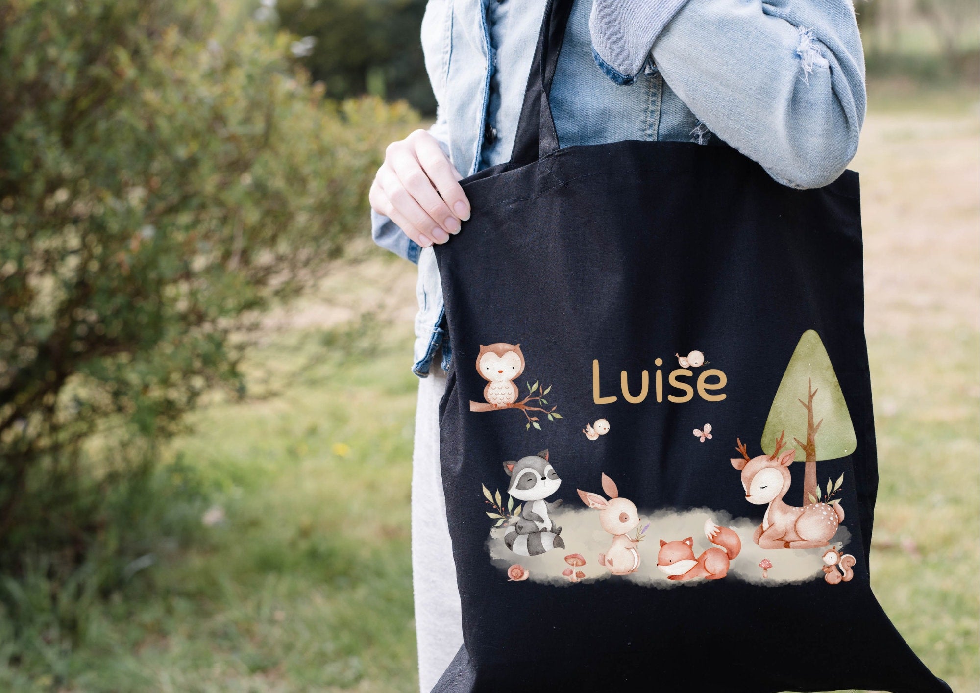 Turnbeutel Jutebeutel Jutetasche mit Namen Beutel für Wechselwäsche personalisiert Boho Waldtiere Fuchs Reh Hase Eule