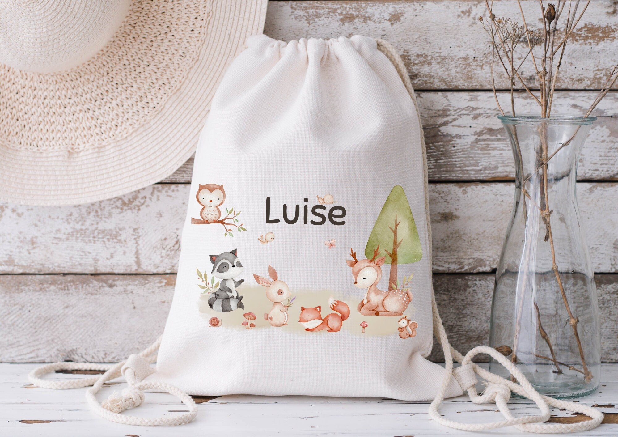 Turnbeutel Jutebeutel Jutetasche mit Namen Beutel für Wechselwäsche personalisiert Boho Waldtiere Fuchs Reh Hase Eule