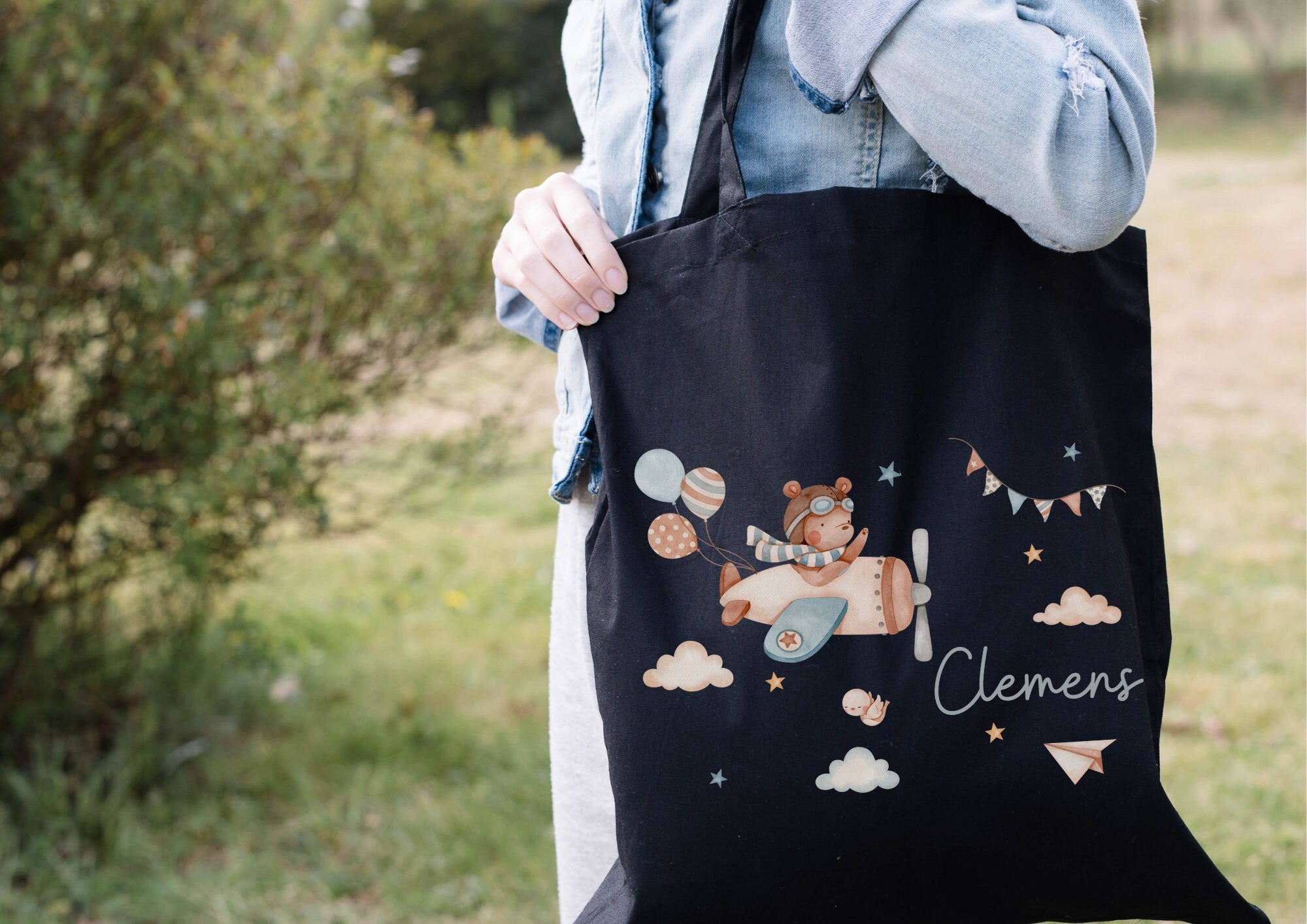 Turnbeutel Jutebeutel Jutetasche mit Namen Beutel für Wechselwäsche personalisiert Boho Flugzeug Hubschrauber