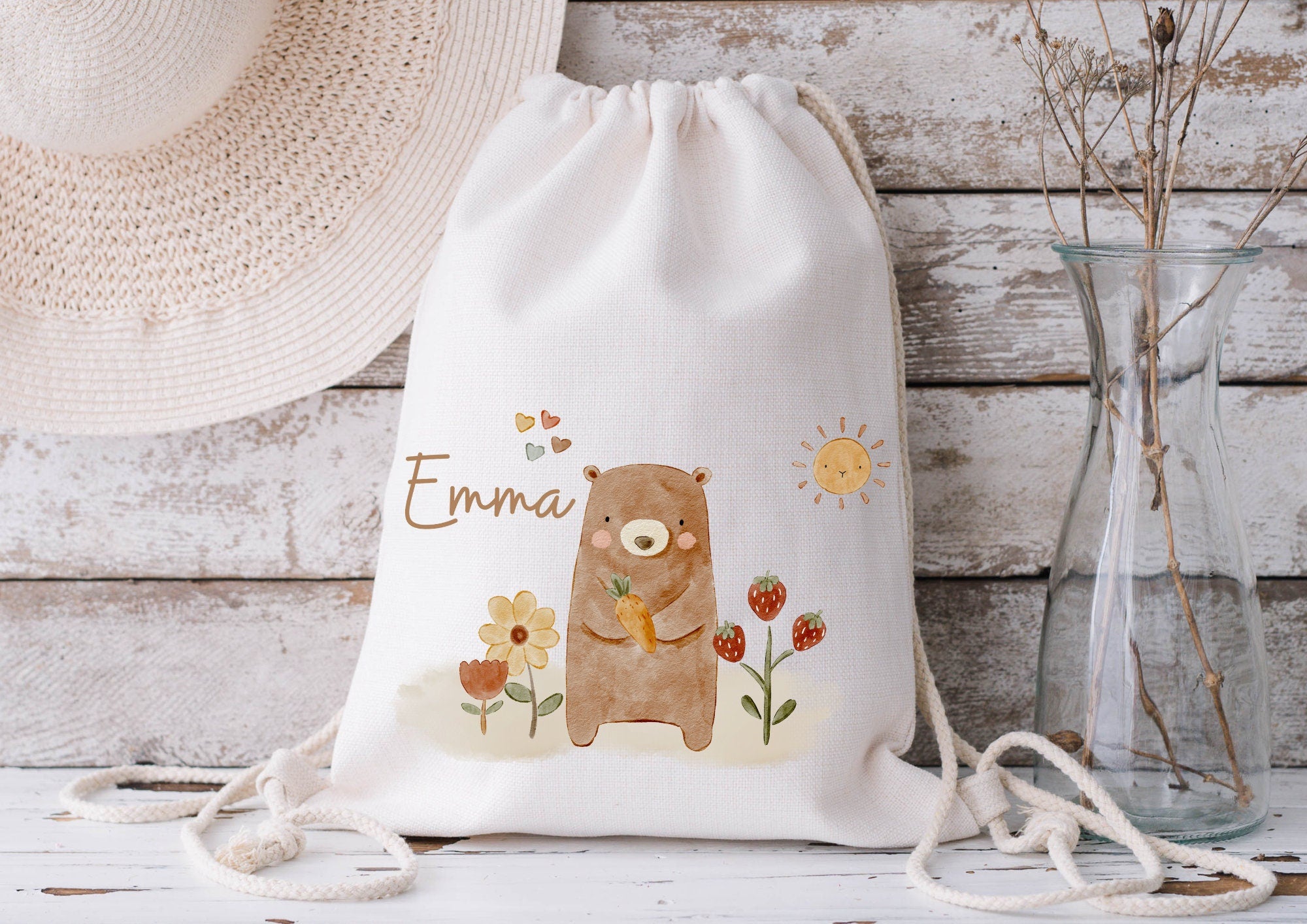 Turnbeutel Jutebeutel Jutetasche mit Namen Beutel für Wechselwäsche personalisiert Boho Bär Sonne Waldtiere