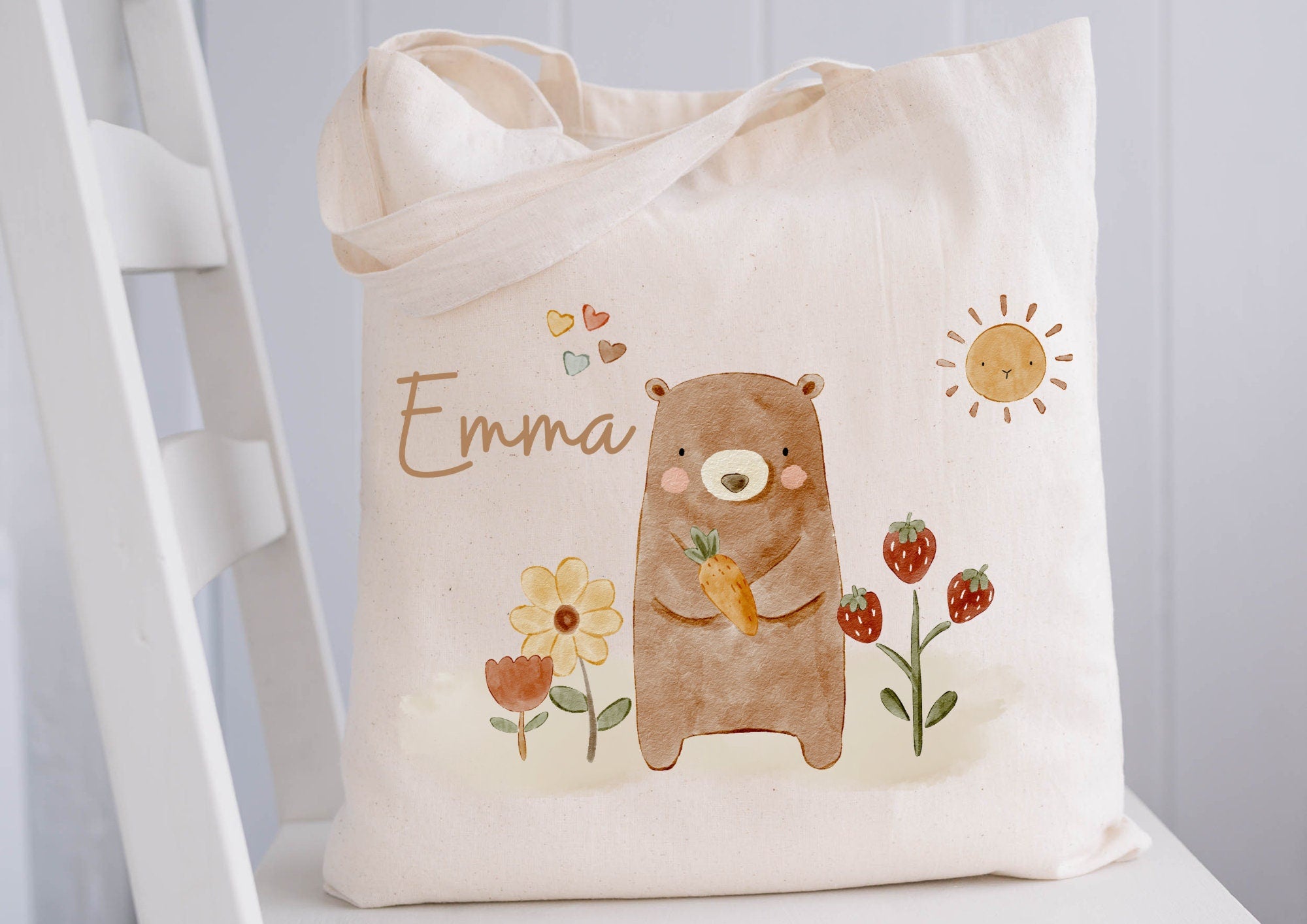 Turnbeutel Jutebeutel Jutetasche mit Namen Beutel für Wechselwäsche personalisiert Boho Bär Sonne Waldtiere