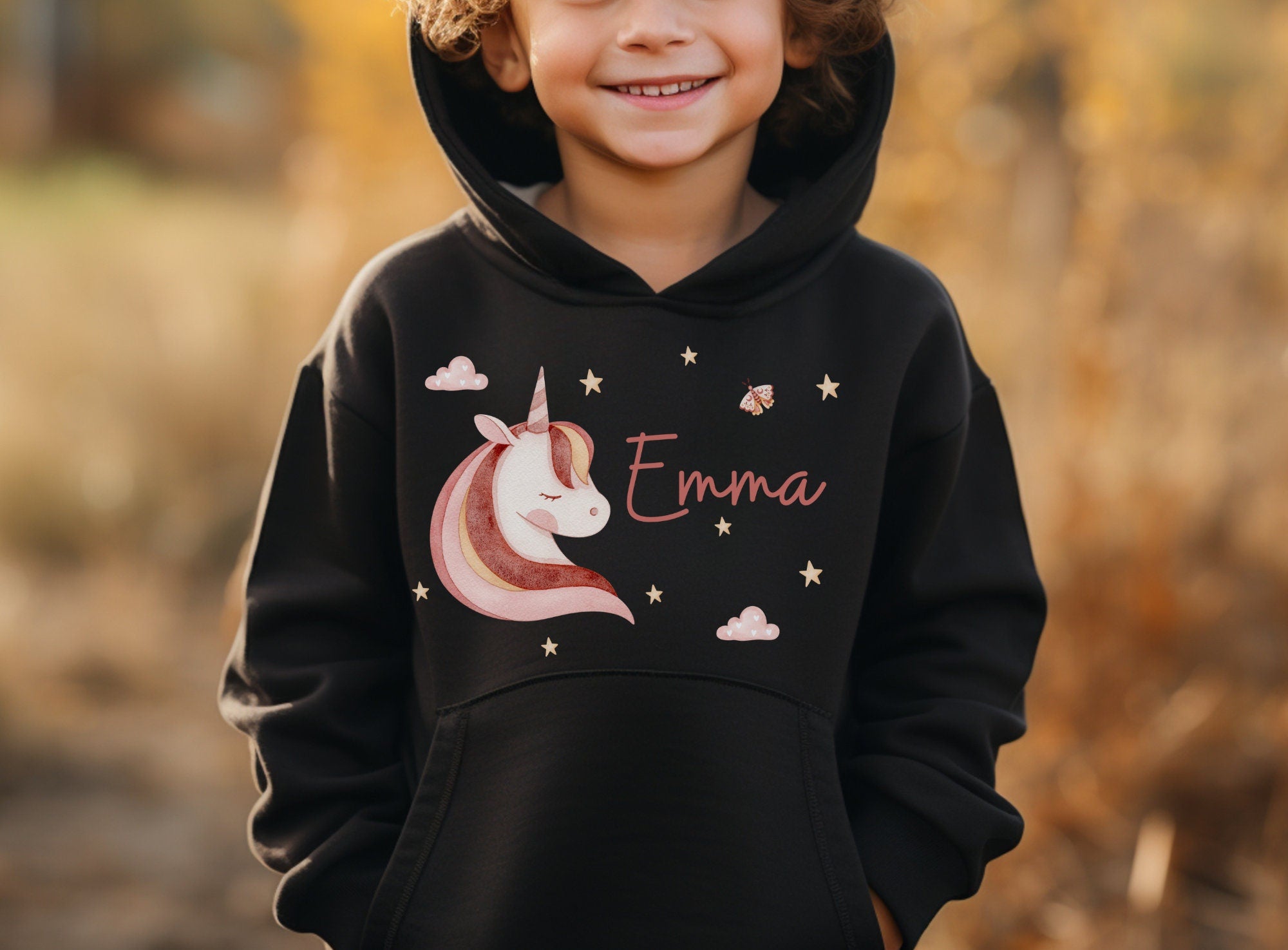 Hoodie personalisiert mit Name pullover Pulli Kapuzenpulli Regenbogen rosa Boho Einhorn – Sweatshirts