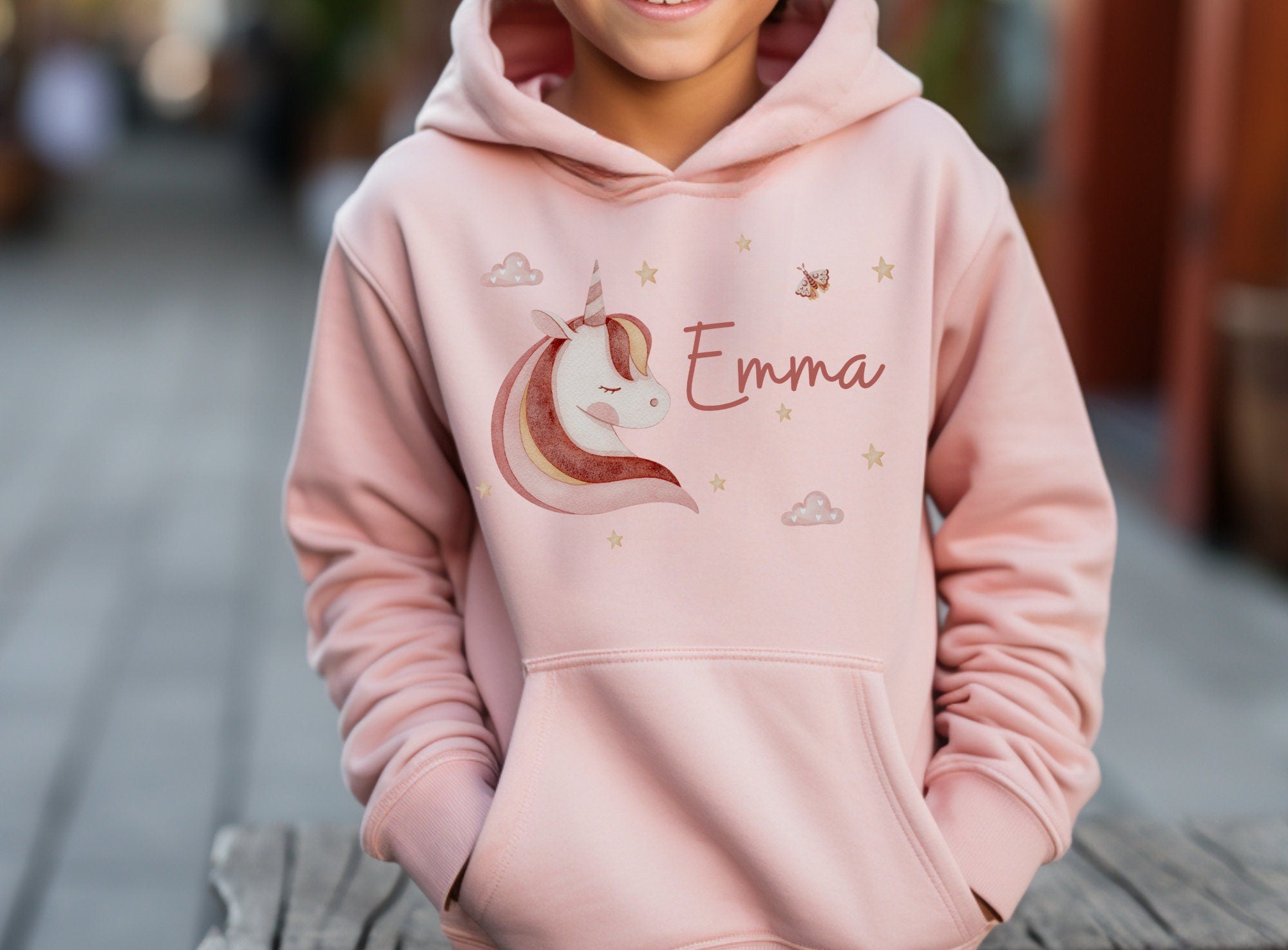 Hoodie personalisiert mit Name pullover Pulli Kapuzenpulli Regenbogen rosa Boho Einhorn – Sweatshirts