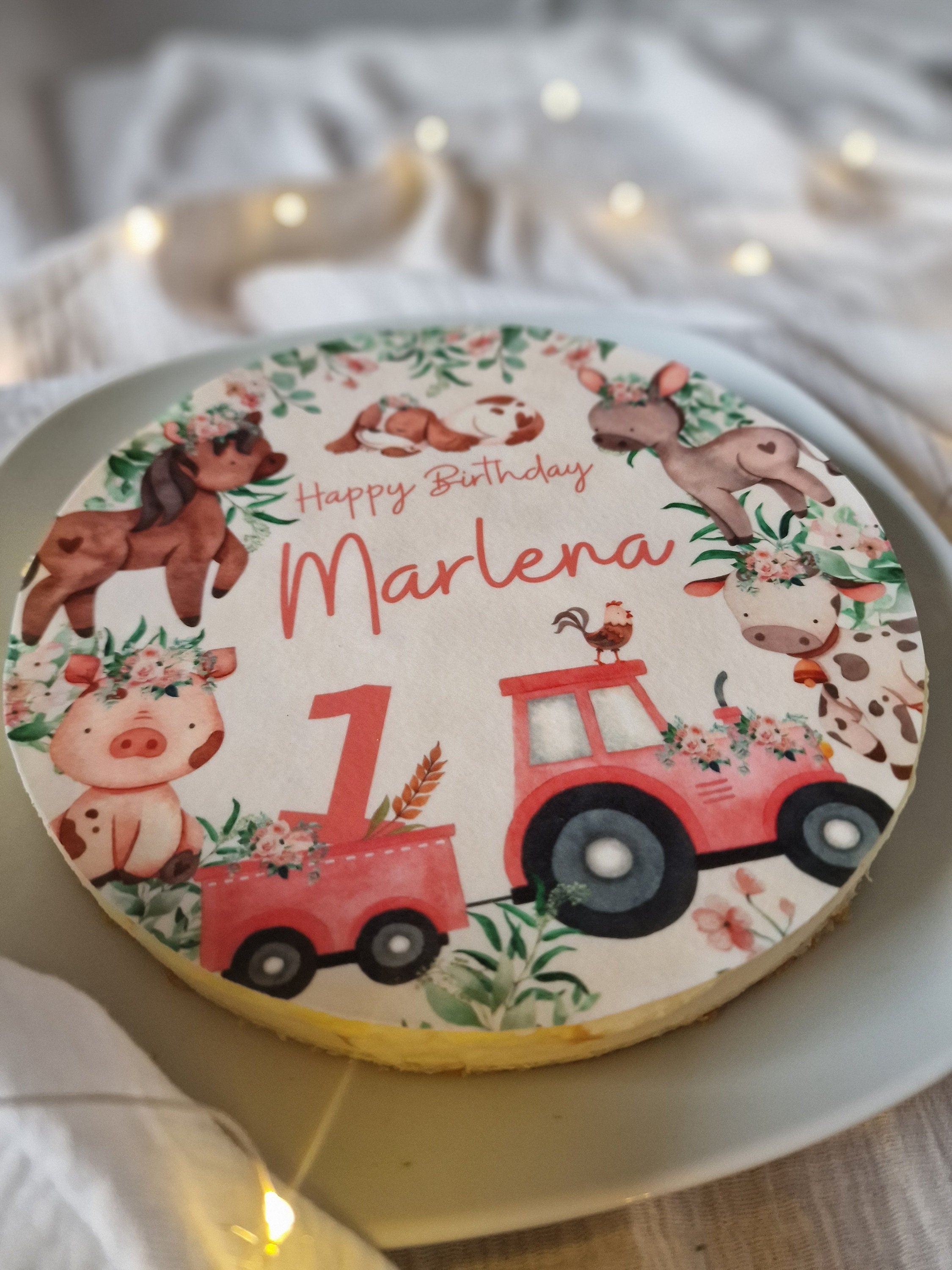 Tortenaufleger Fondant Geburtstag Traktor Trecker Bauernhof Bauernhoftiere Pferd Esel Kuh rosa