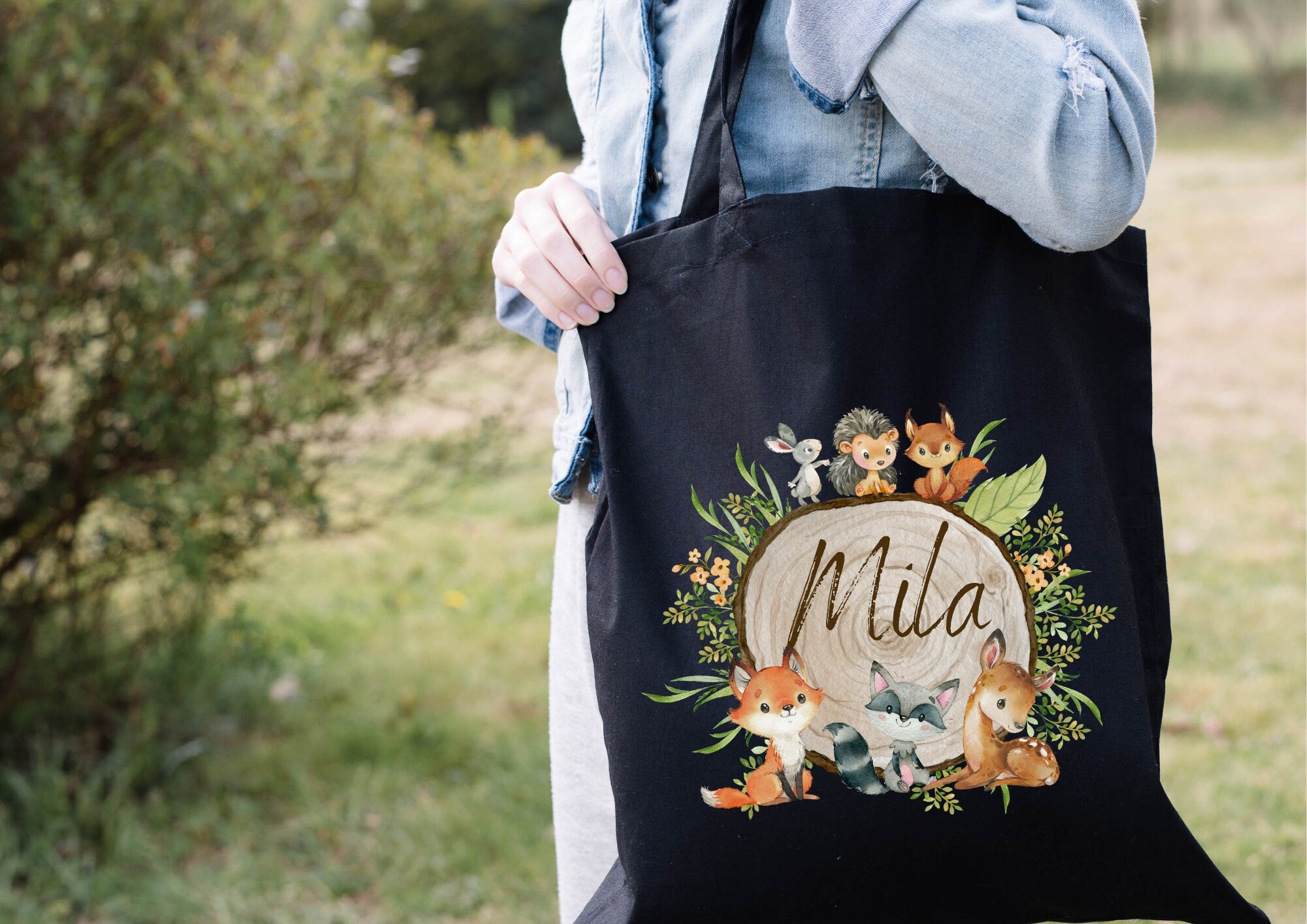 Turnbeutel Jutebeutel Jutetasche mit Namen Beutel für Wechselwäsche personalisiert Boho Waldtiere Fuchs Reh Hase Eule