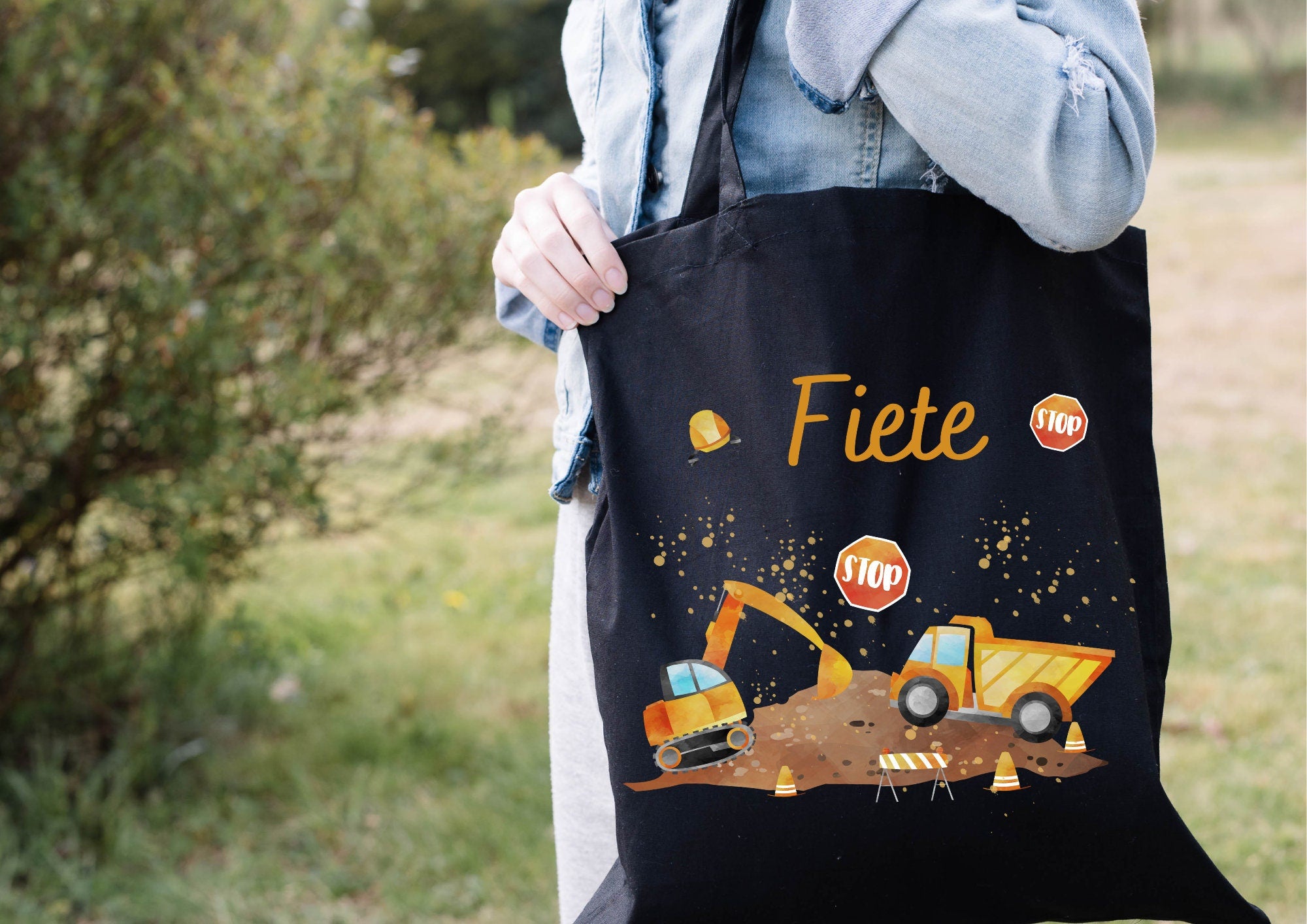 mit Namen – Bagger & Radlader Motiv – personalisiert – Turnbeutel Baustelle – Kita und Einschulung n – Baumwolle – Team Sports & Gym Bags