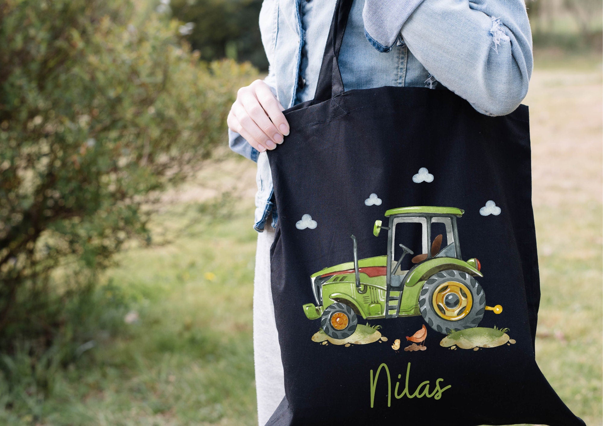 Turnbeutel Jutebeutel Jutetasche mit Namen Beutel für Wechselwäsche personalisiert Traktor Trecker Bauernhof grün