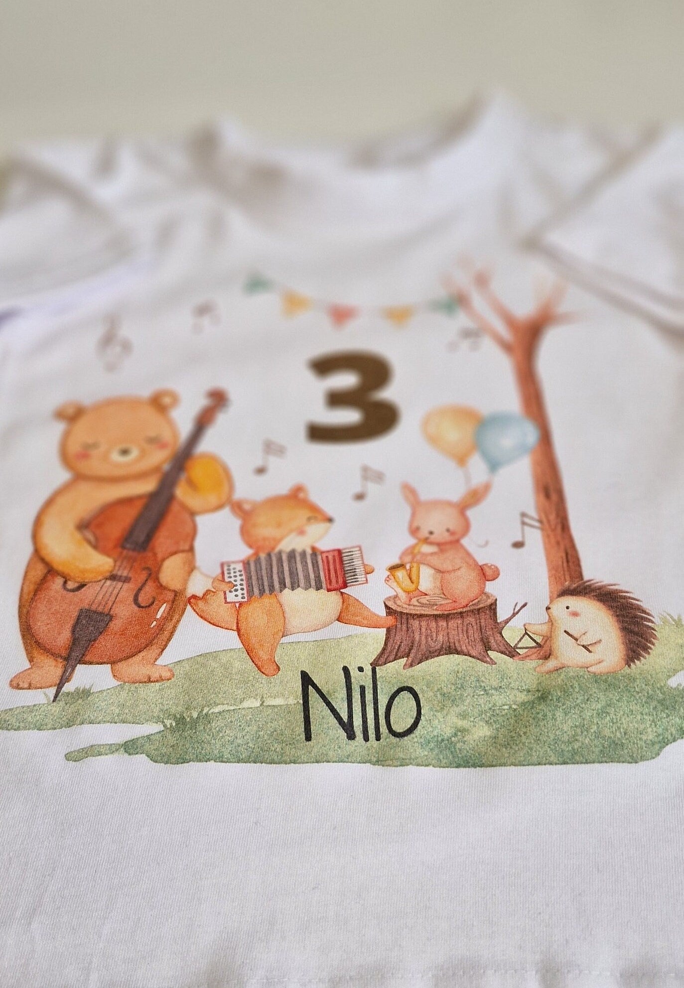 Geburtstagsshirt personalisiert Waldtiere Bär Reh Fuchs Musiker Musik Instrumente