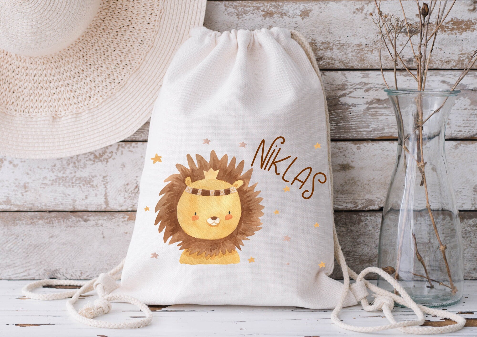 Turnbeutel Jutebeutel Jutetasche mit Namen Beutel für Wechselwäsche personalisiert Boho Löwe Wild One Dschungel