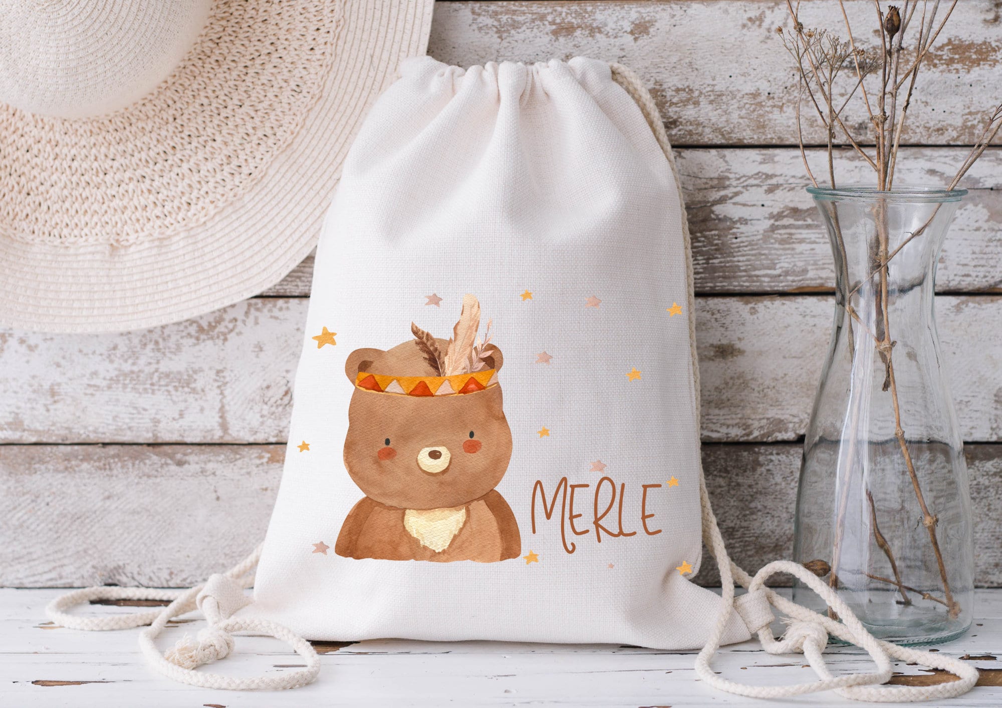 Turnbeutel Jutebeutel Jutetasche mit Namen Beutel für Wechselwäsche personalisiert Boho Bär Sonne Waldtiere