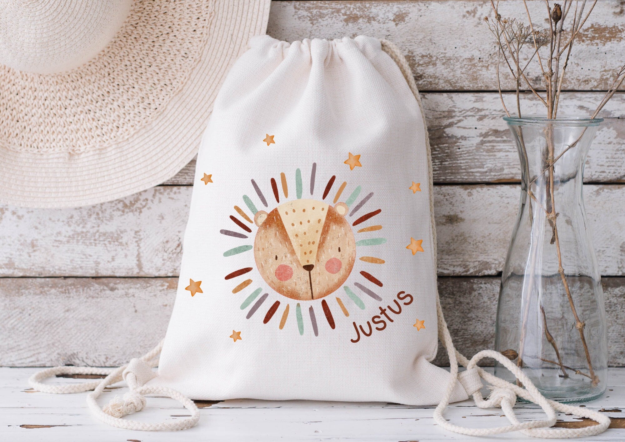 Turnbeutel Jutebeutel Jutetasche mit Namen Beutel für Wechselwäsche personalisiert Löwe Boho Dschungeltiere