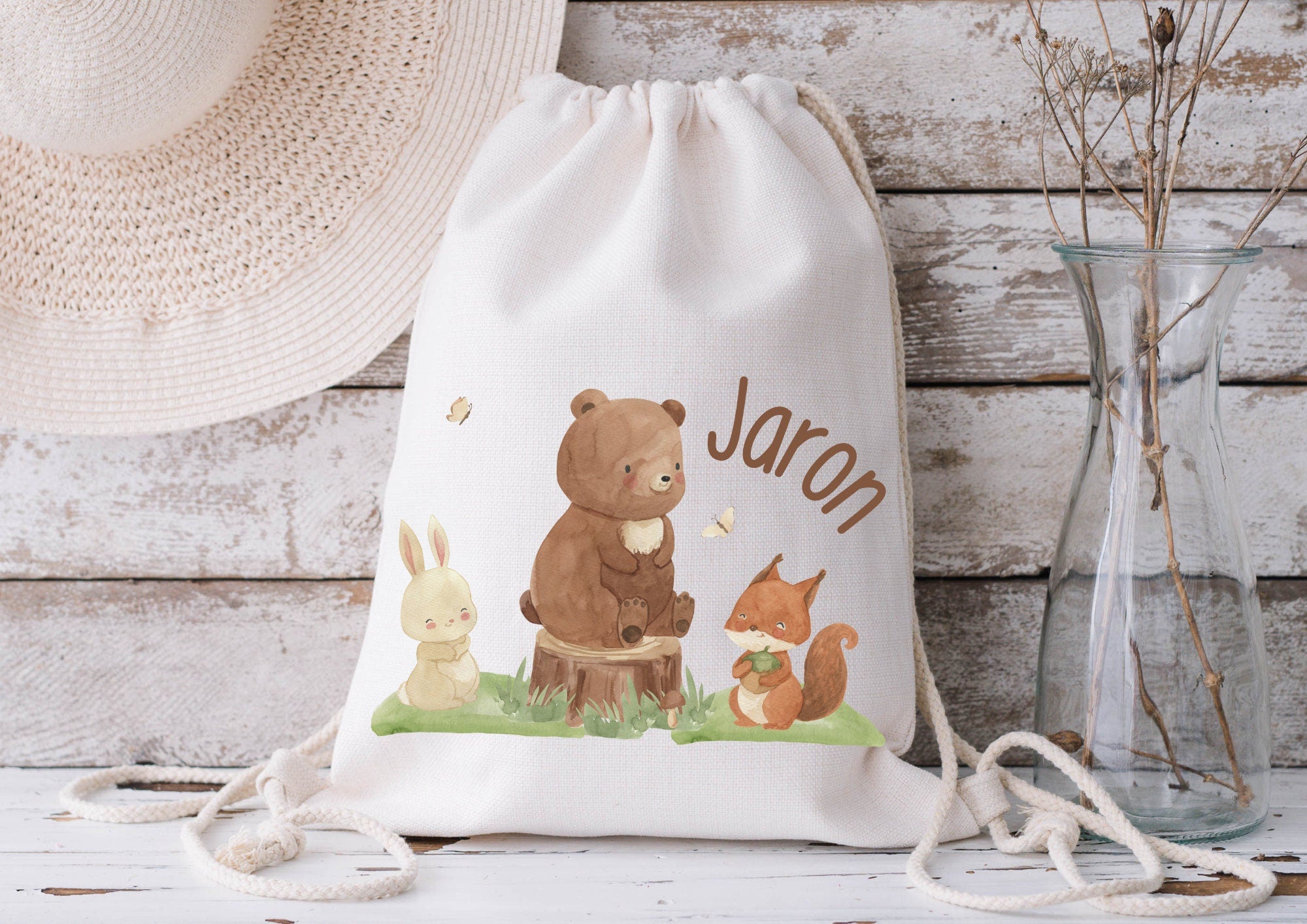 Turnbeutel Jutebeutel Jutetasche mit Namen Beutel für Wechselwäsche personalisiert Waldtiere Bär Eichhörnchen Hase