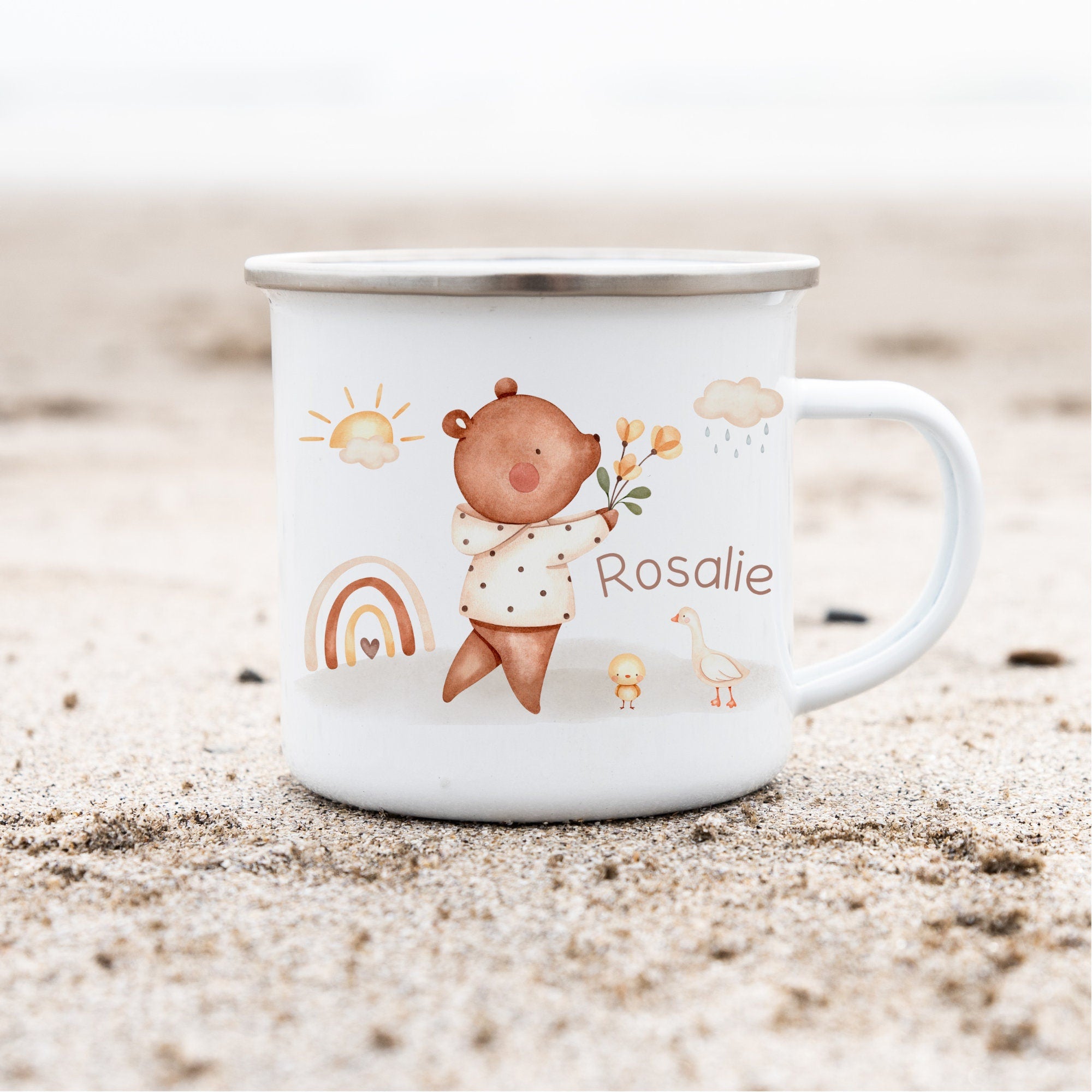 Emailletasse mit Namen personalisiert Dschungeltiere Bär Regenbogen Boho