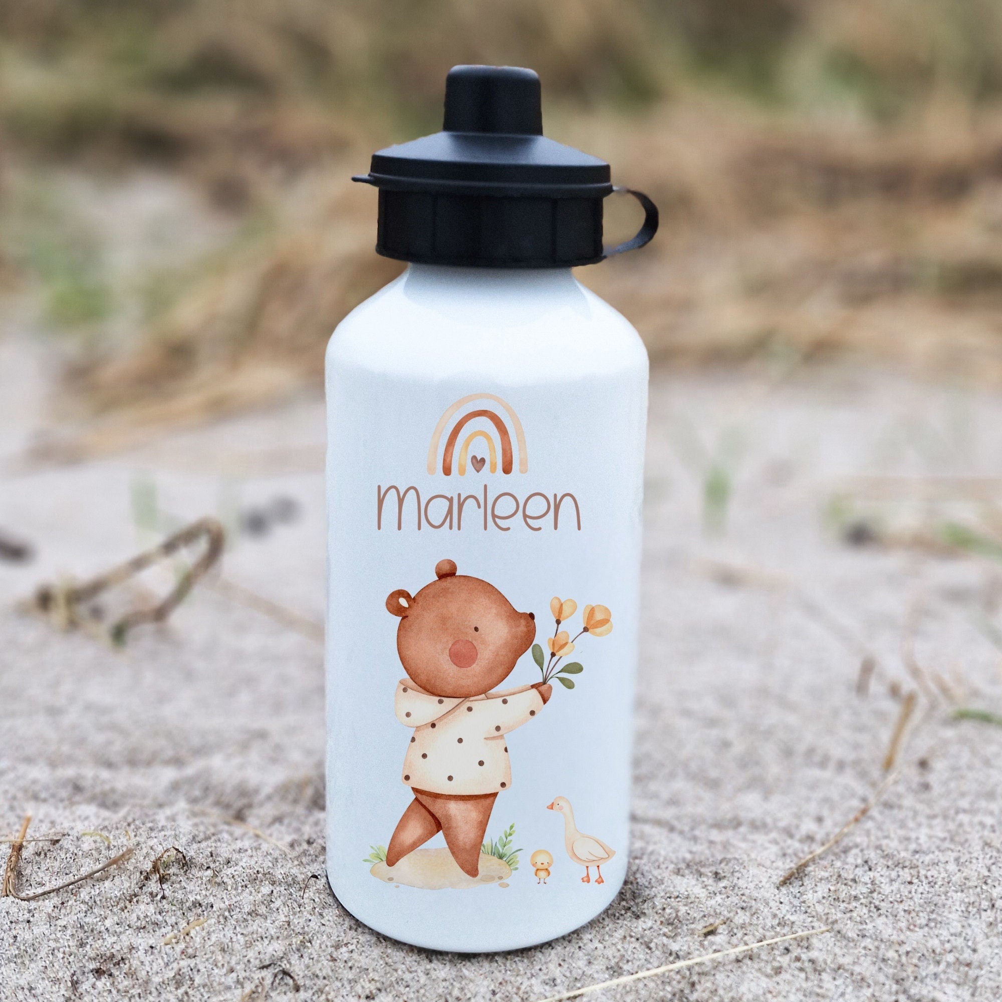 Trinkflasche Wasserflasche personalisiert mit Name Bär Regenbogen Boho