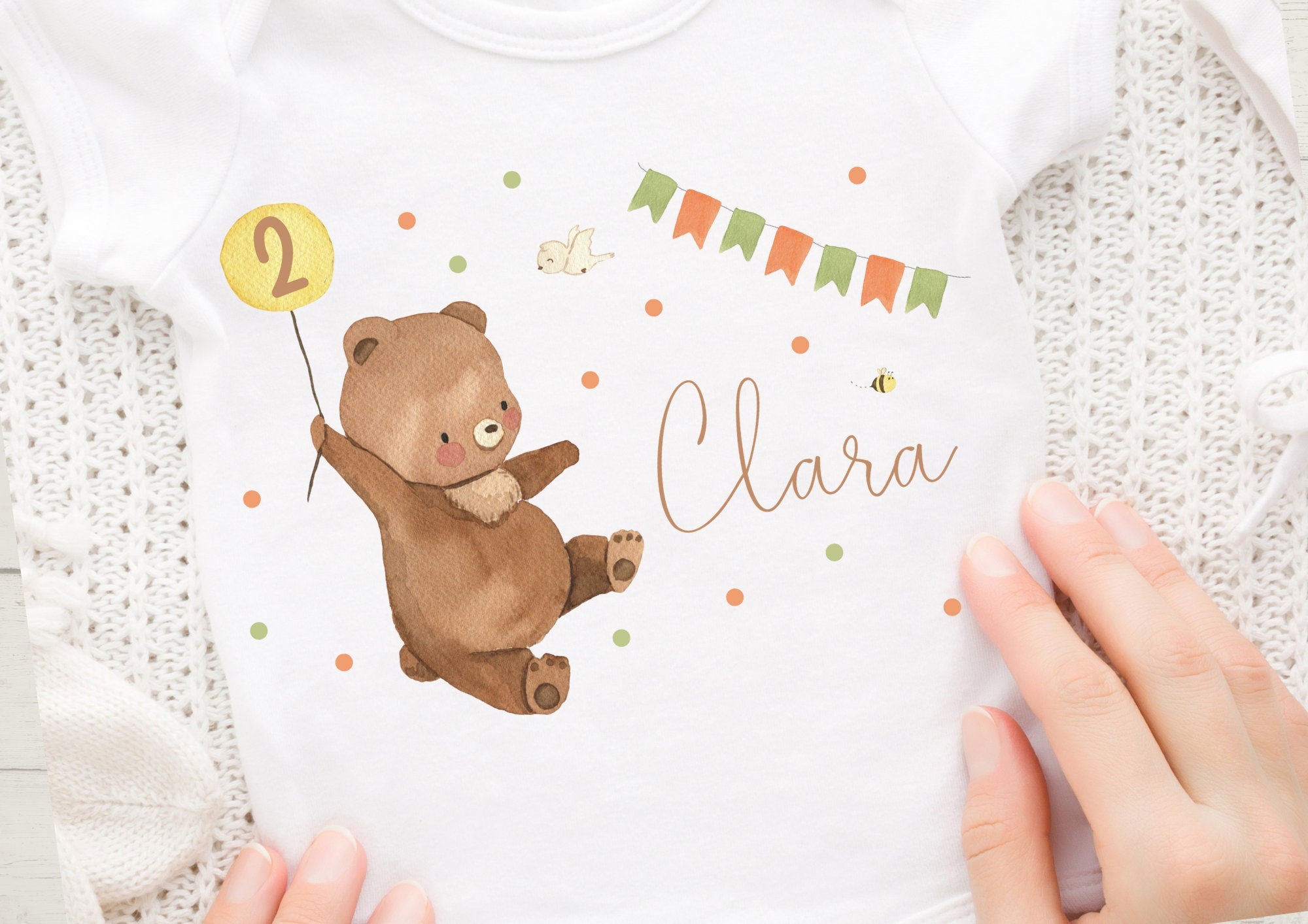 Bügelbild für bunte und weiße Stoffe mit Wunschname und Alter personalisiert Bär Luftballon Geburtstagsshirt – Appliques & Patches