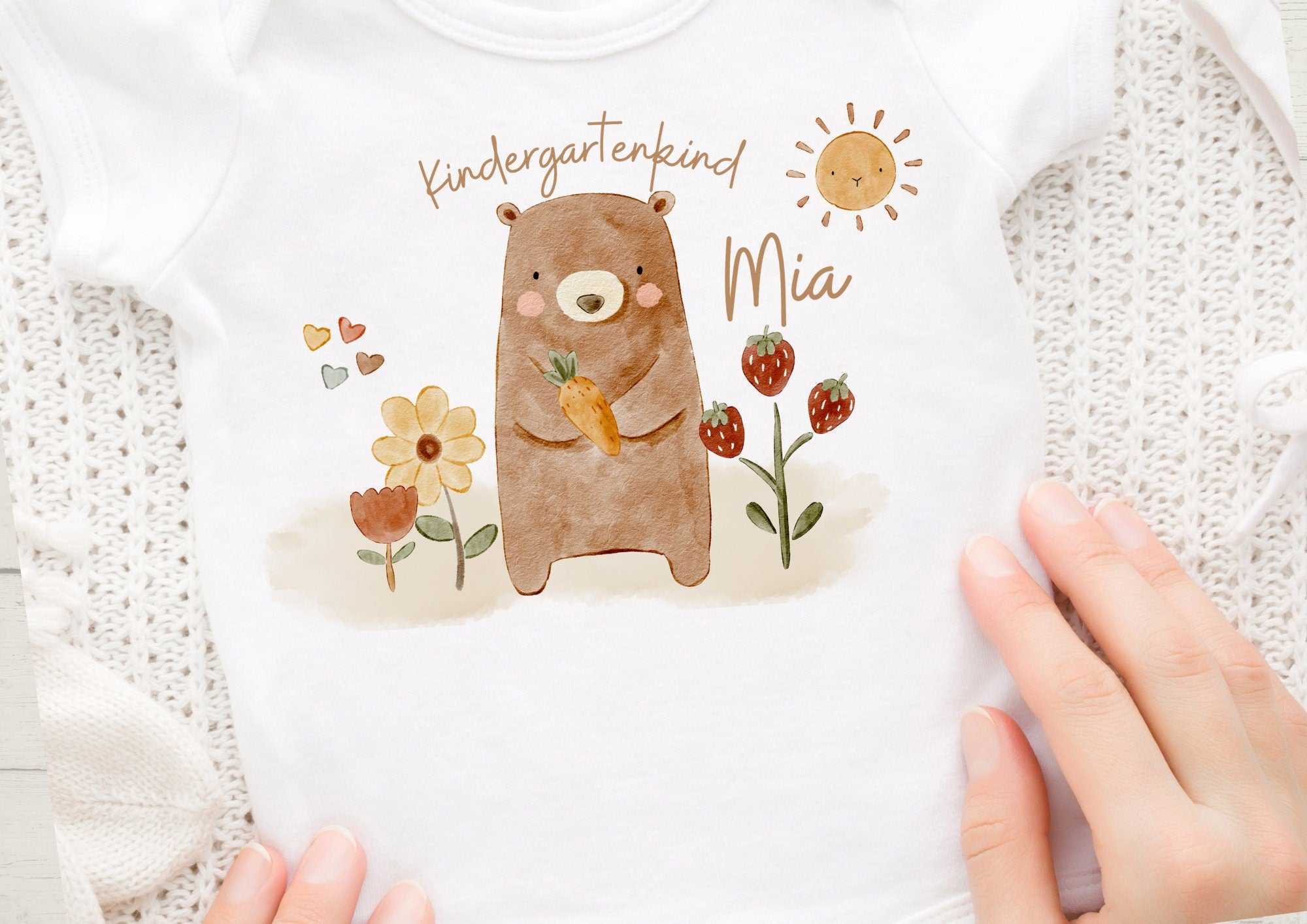 Bügelbild gartenstart personalisiert – Bär & Blumen Boho – für bunte Stoffe – Bügelbild für Einschulung und Kita – Appliques & Patches